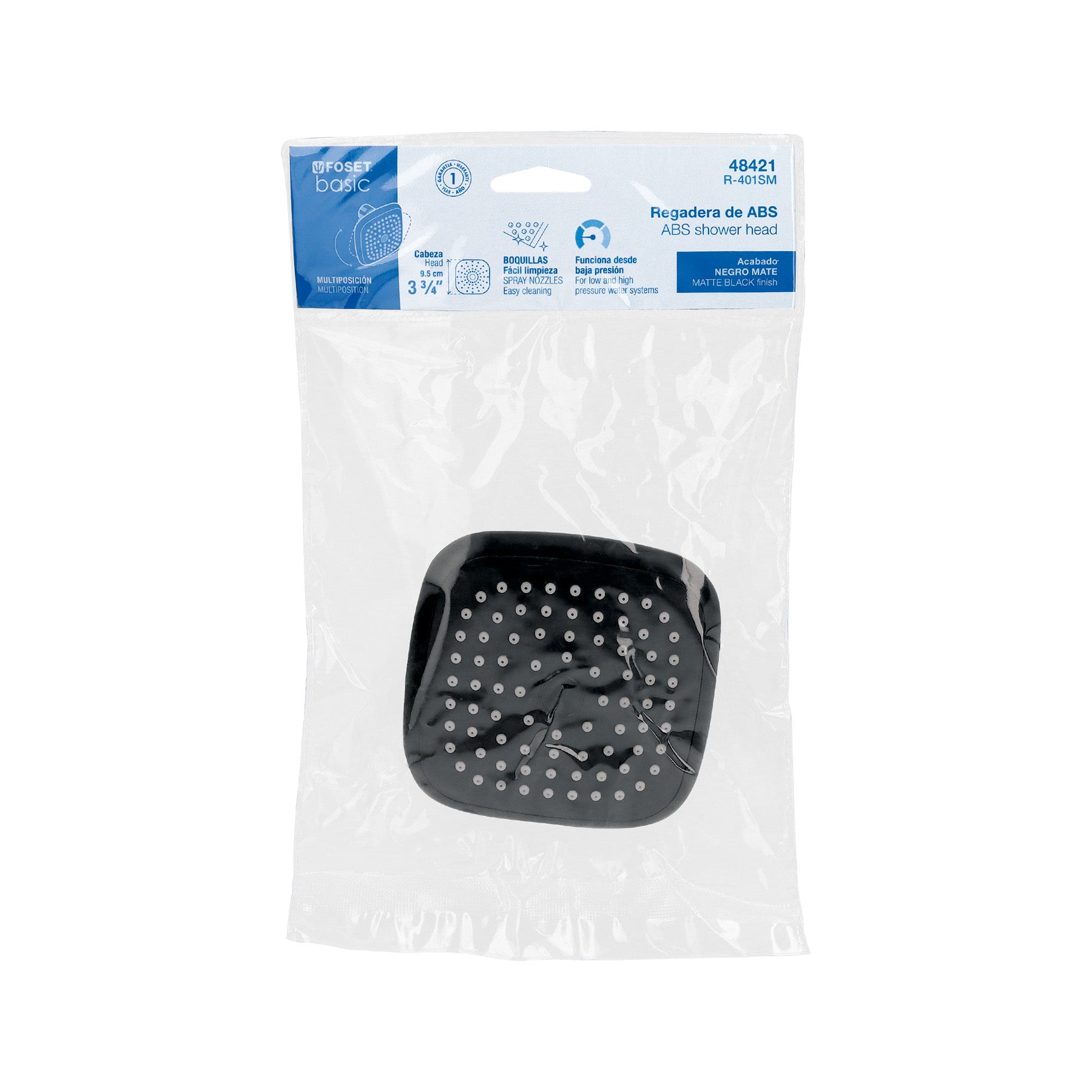 Regadera cuadrada de ABS 3-3/4' sin brazo, negro, Basic