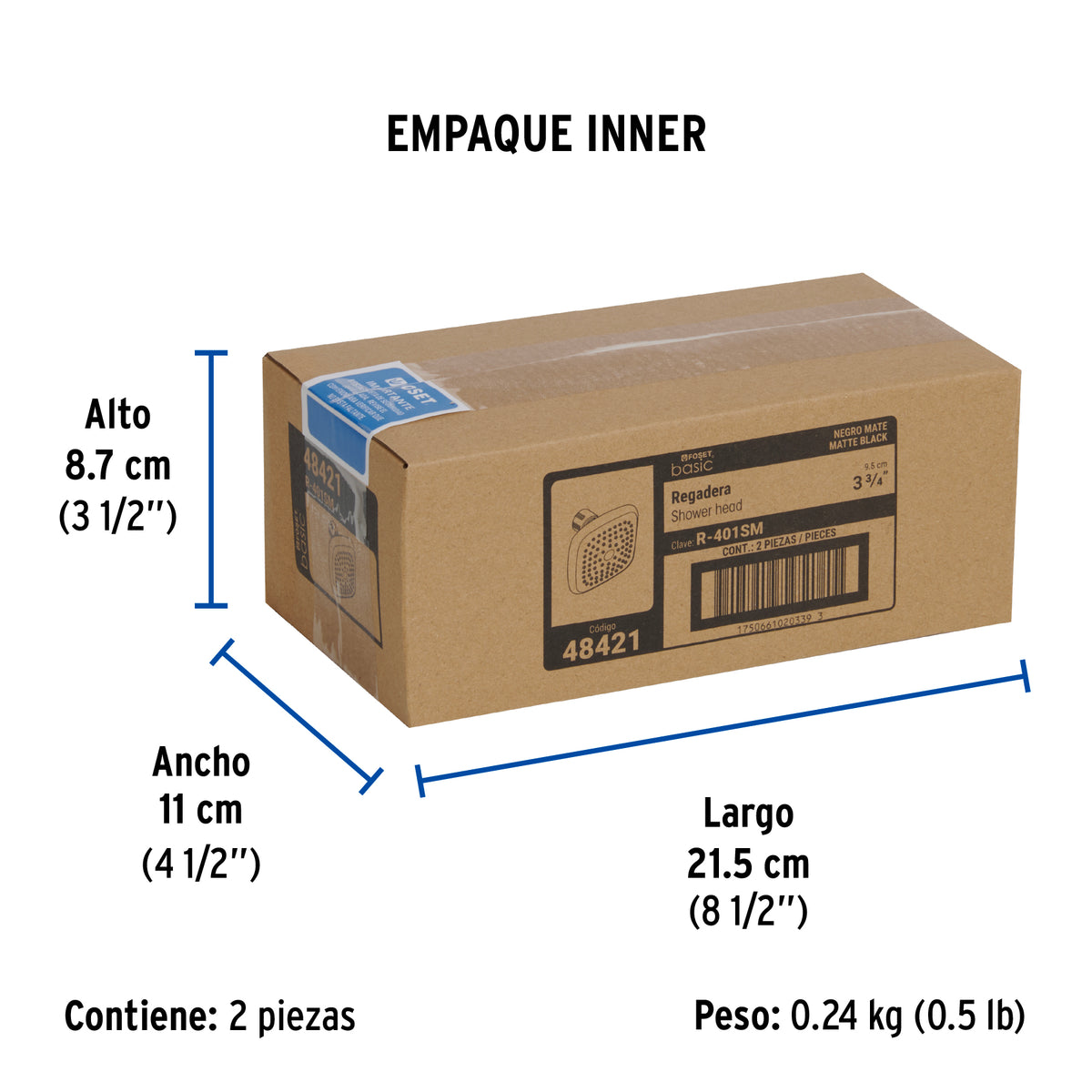Regadera cuadrada de ABS 3-3/4' sin brazo, negro, Basic