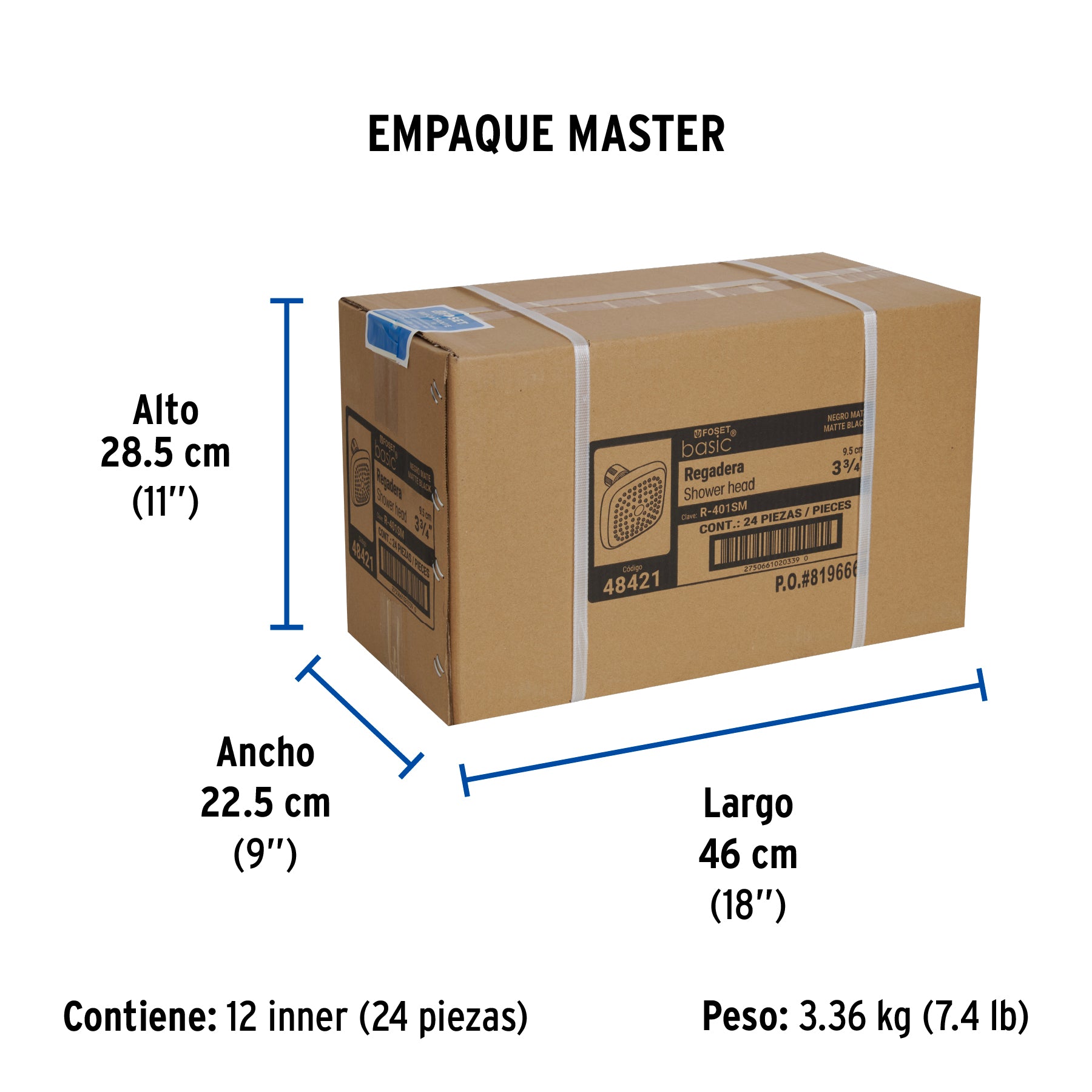 Regadera cuadrada de ABS 3-3/4' sin brazo, negro, Basic