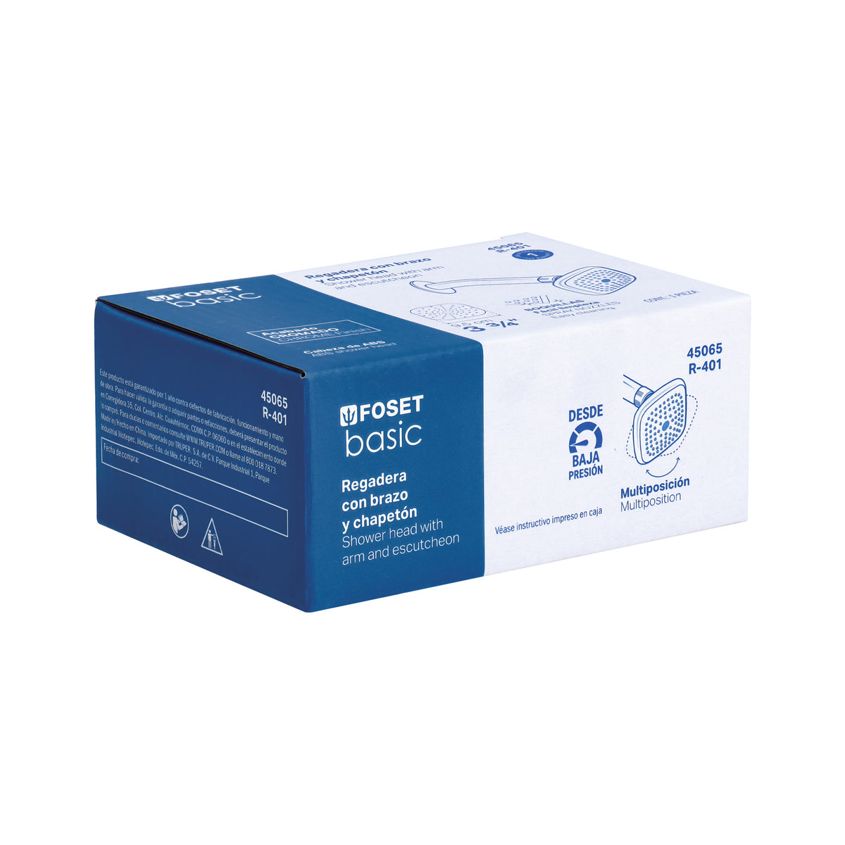 Regadera cuadrada, ABS, 3-3/4", con brazo, Basic