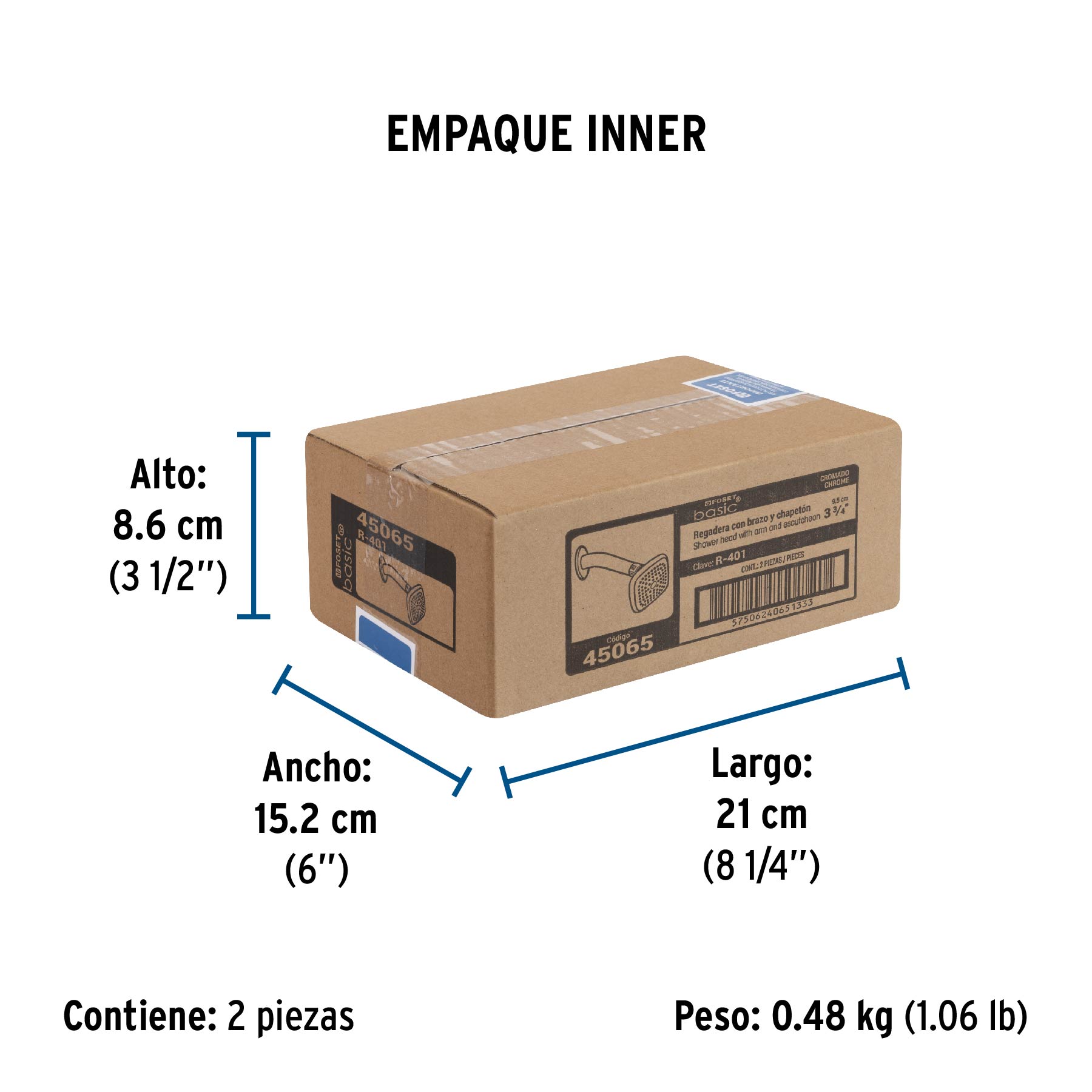 Regadera cuadrada, ABS, 3-3/4", con brazo, Basic