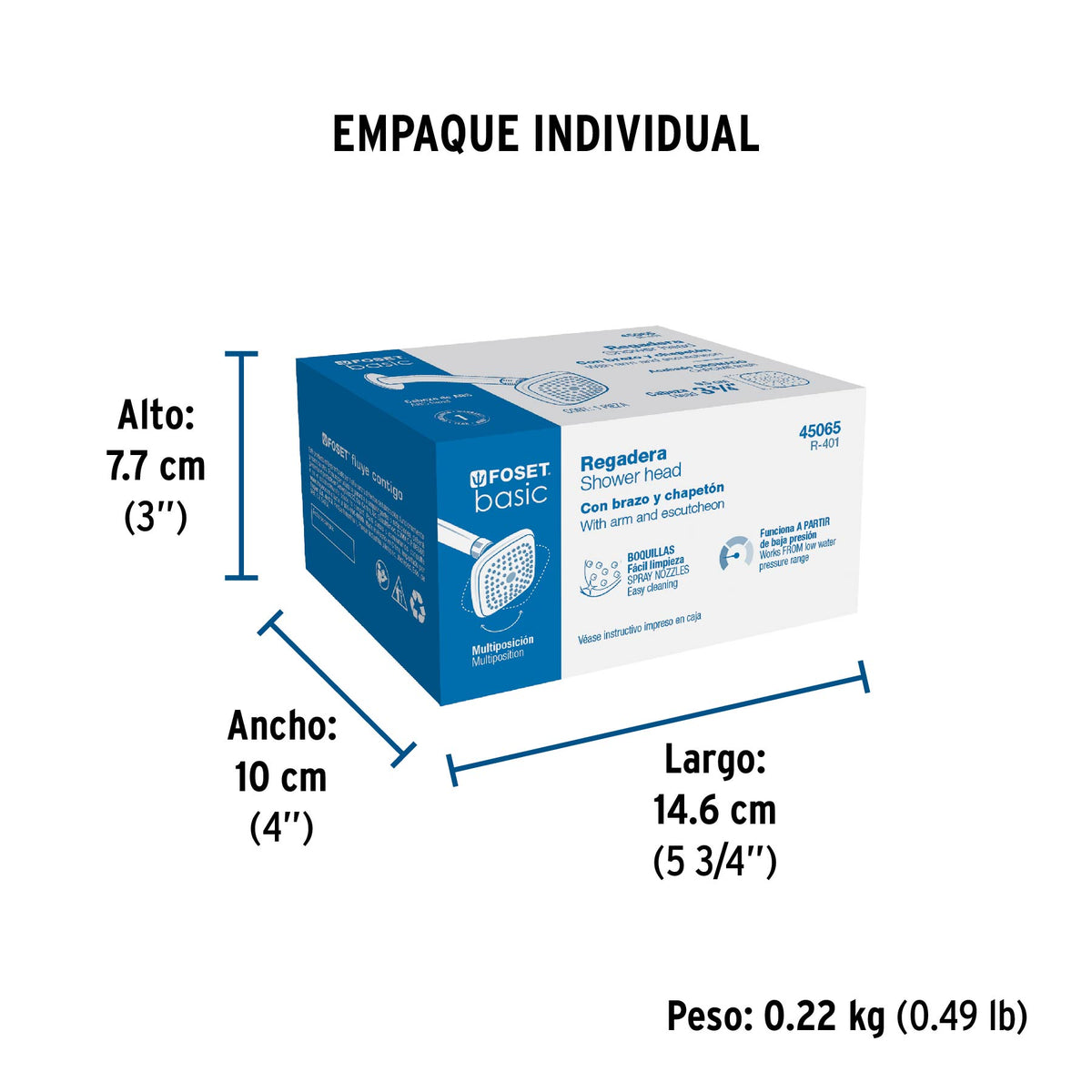 Regadera cuadrada, ABS, 3-3/4", con brazo, Basic