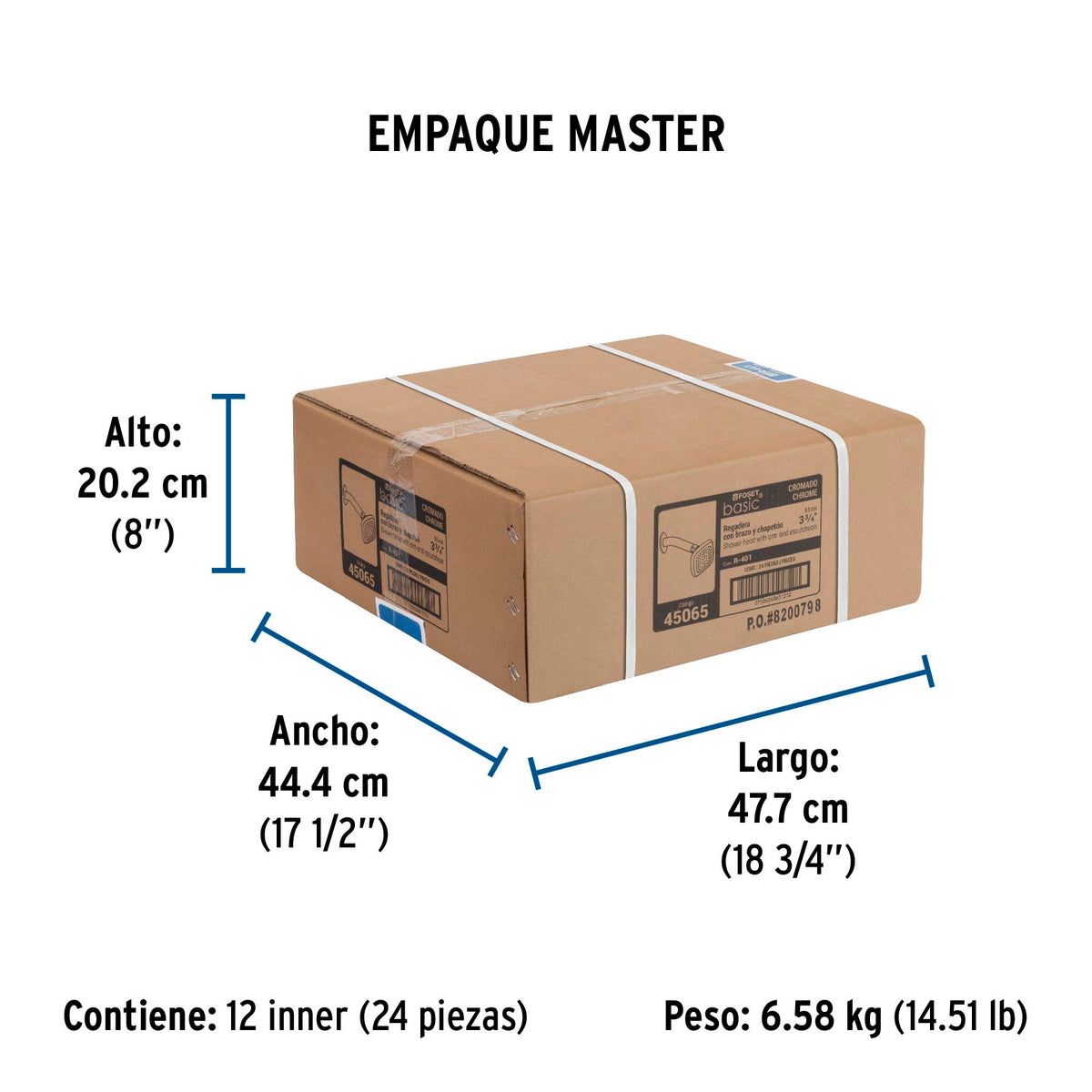 Regadera cuadrada, ABS, 3-3/4", con brazo, Basic