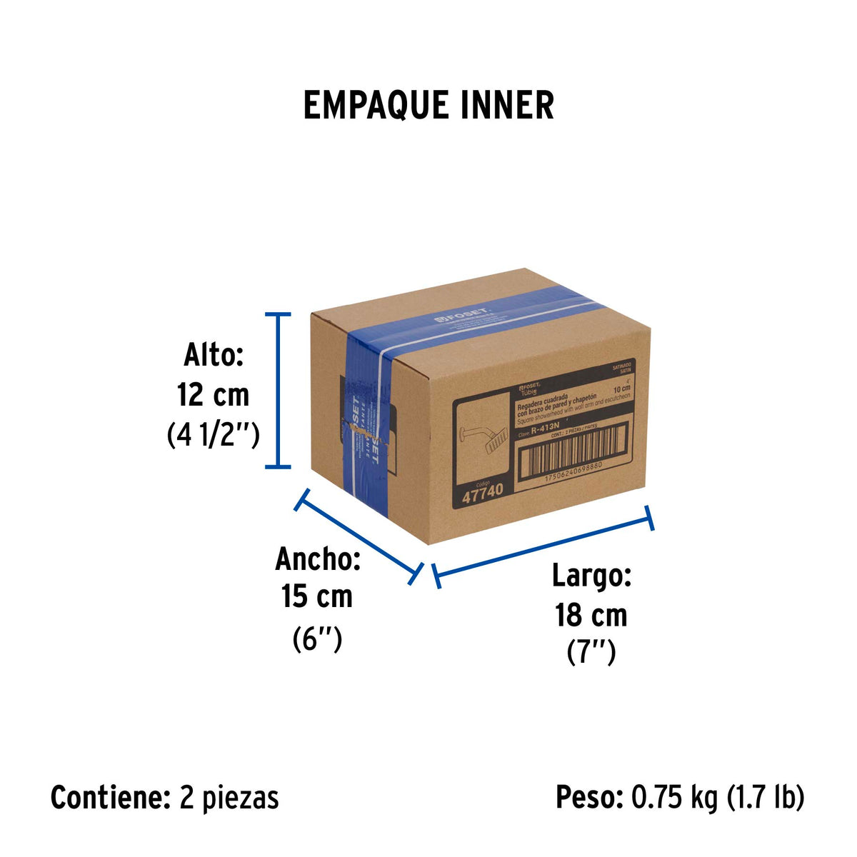 Regadera cuadrada 4', acero inox, con brazo, satín, Túbig