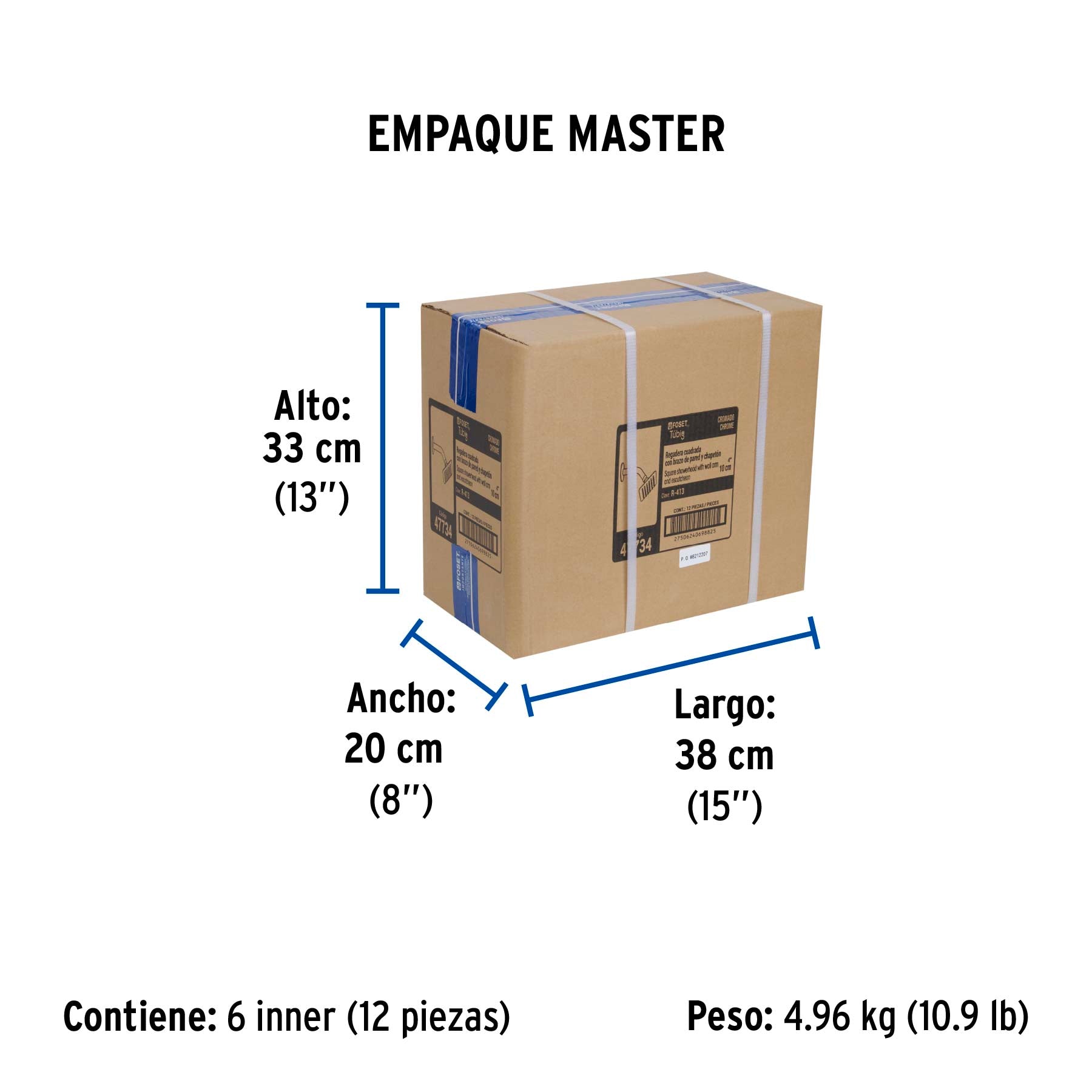 Regadera cuadrada 4', acero inox, con brazo, cromo, Túbig