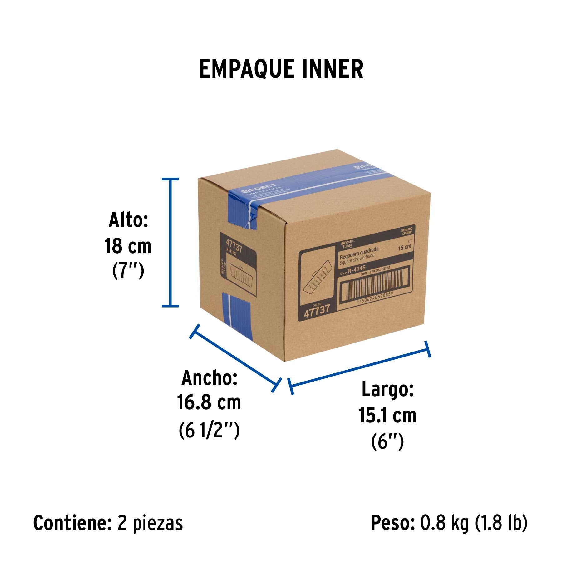 Regadera cuadrada 6', acero inox, sin brazo, cromo, Túbig
