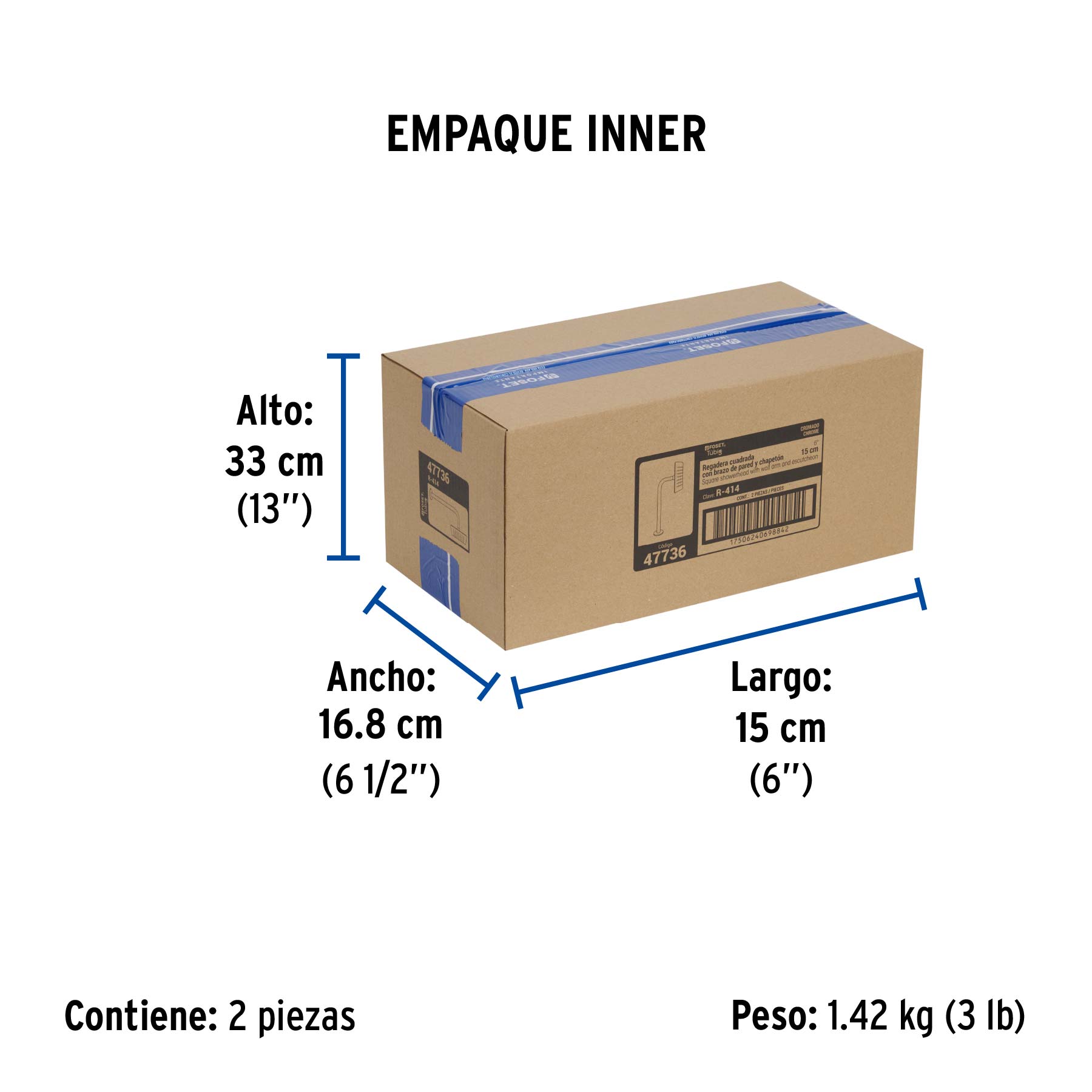Regadera cuadrada 6', acero inox, con brazo, cromo, Túbig