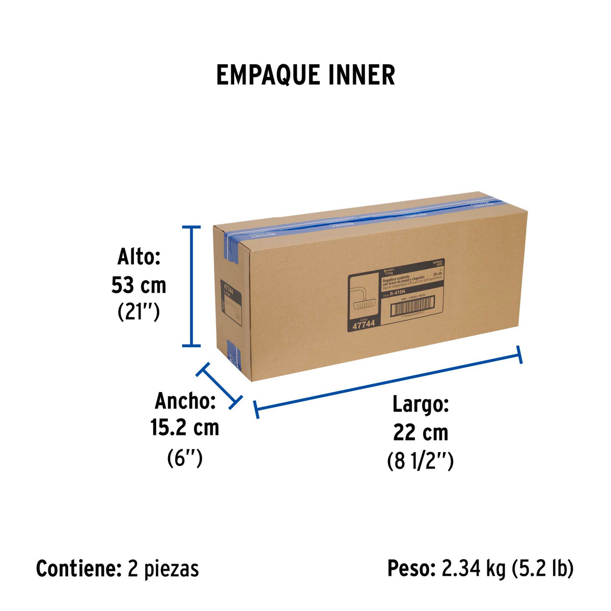 Regadera cuadrada 8', acero inox, con brazo, satín, Túbig