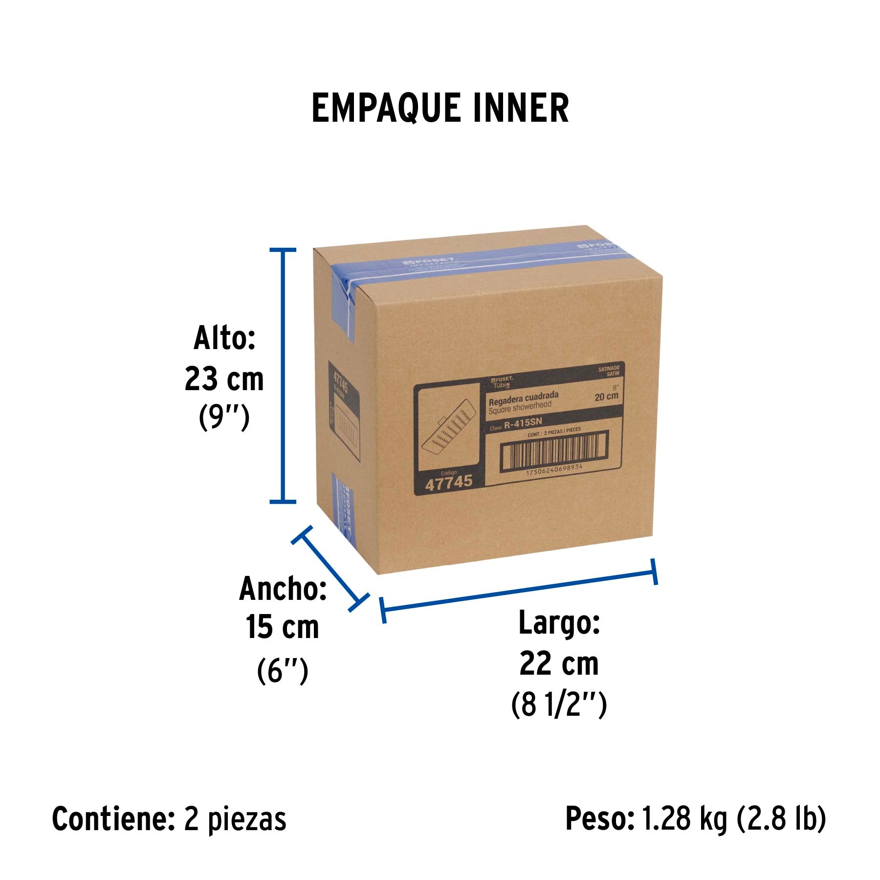 Regadera cuadrada 8', acero inox, sin brazo, satín, Túbig