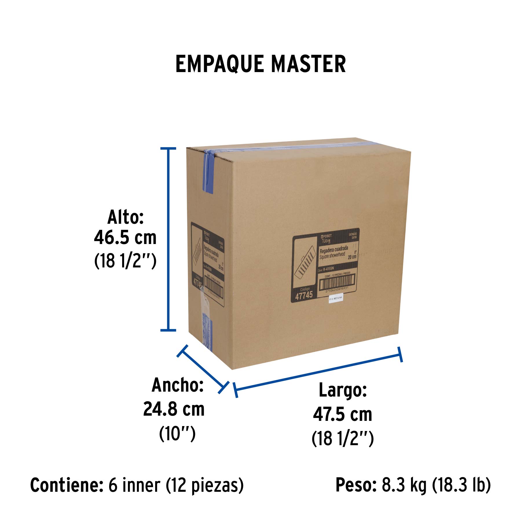 Regadera cuadrada 8', acero inox, sin brazo, satín, Túbig