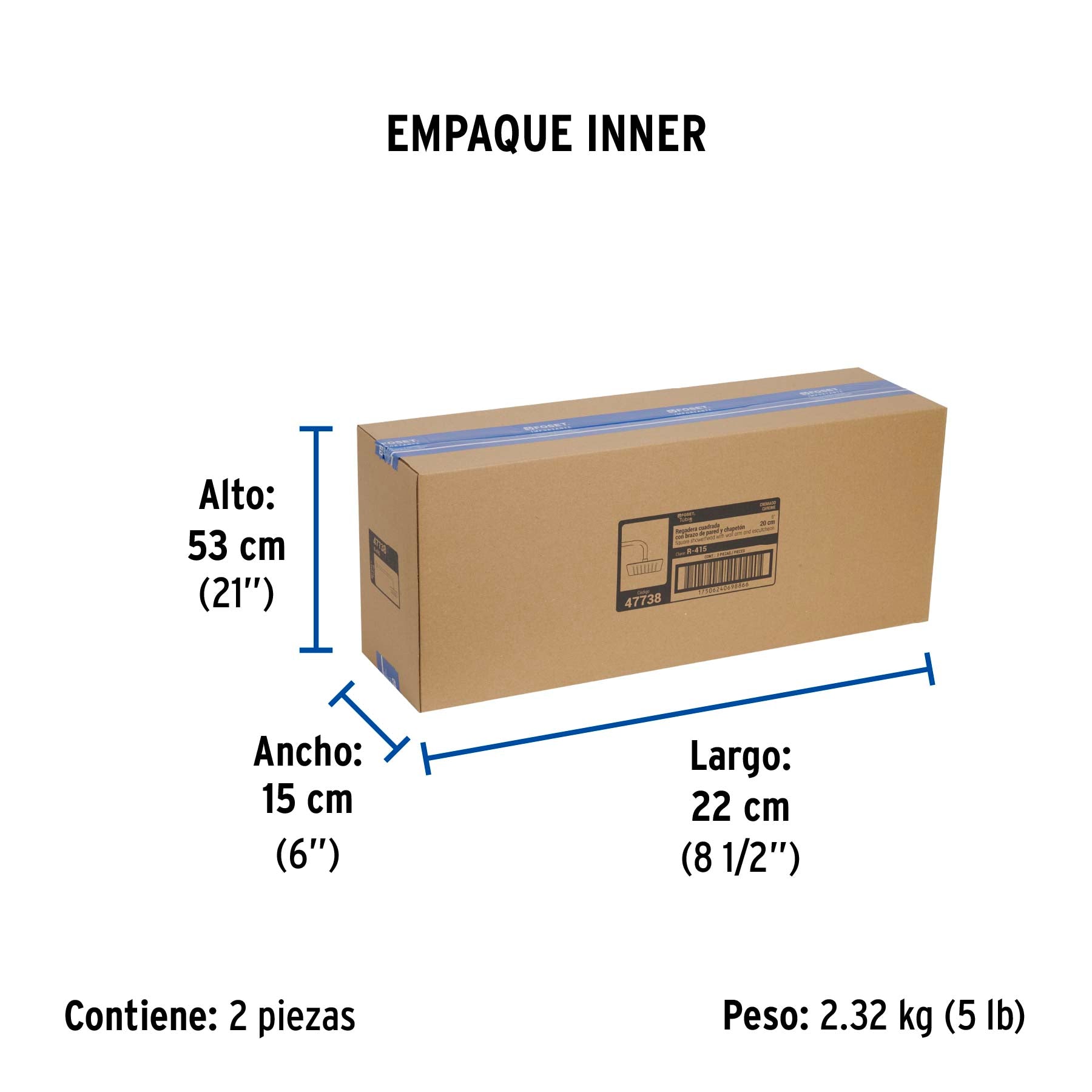 Regadera cuadrada 8', acero inox, con brazo, cromo, Túbig
