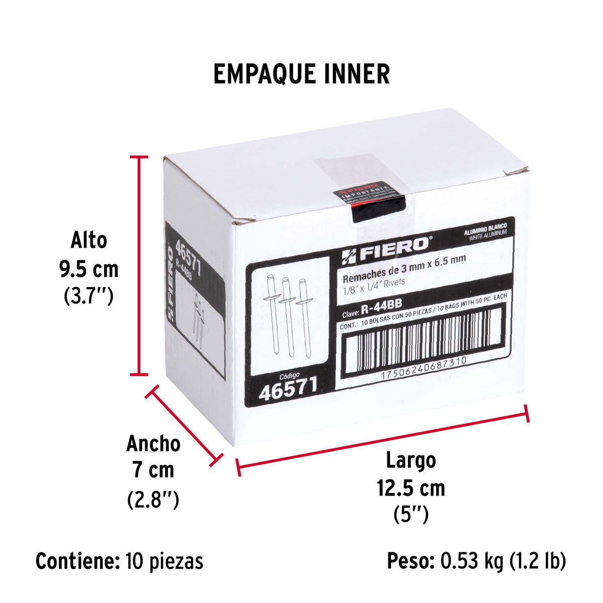 Bolsa c/50 remaches 1/8'x1/4' blancos de aluminio, ala 1/4'