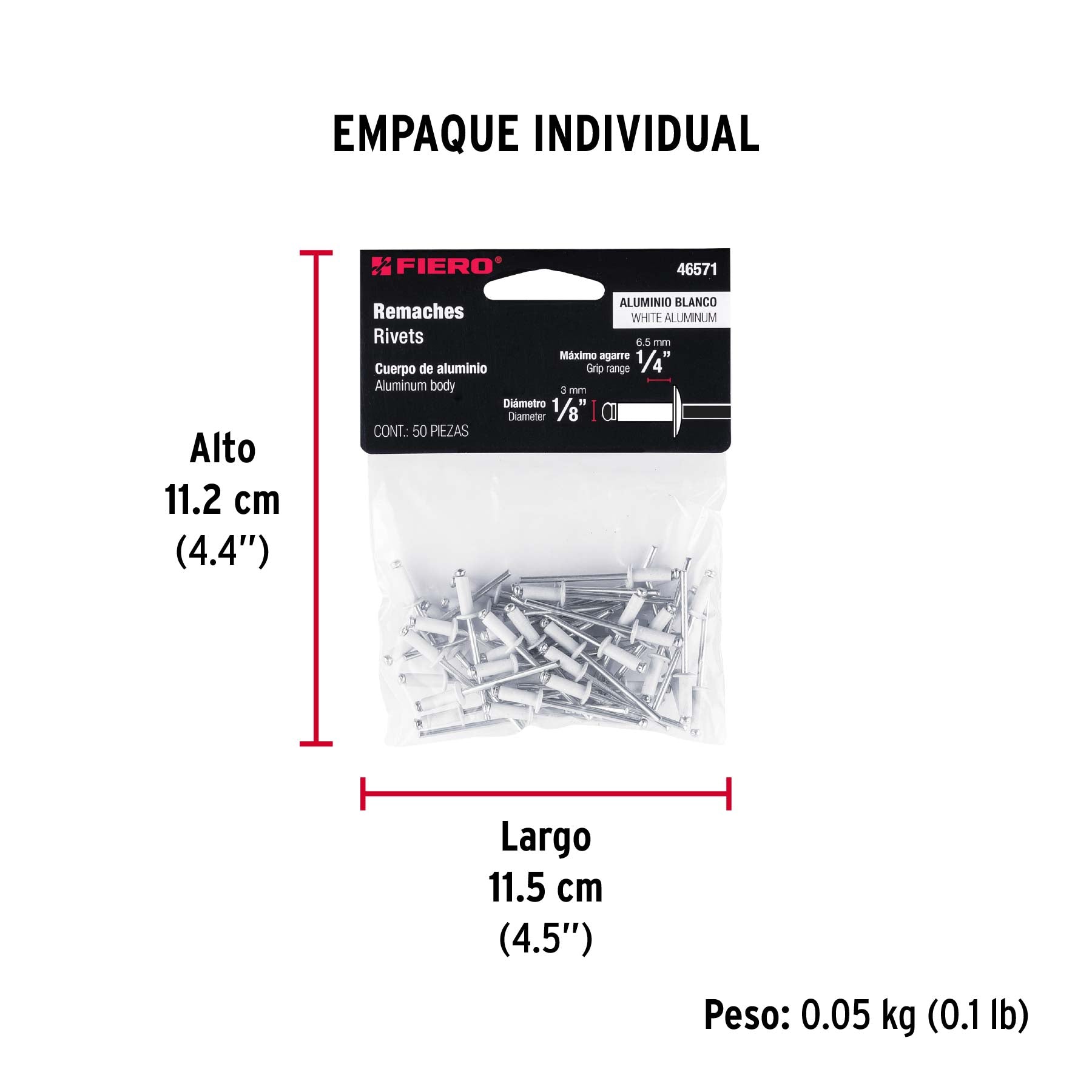 Bolsa c/50 remaches 1/8'x1/4' blancos de aluminio, ala 1/4'