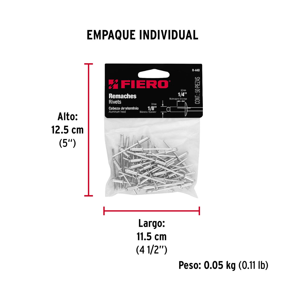 Remaches con espiga, 3.2x9.6mm, bolsa con 50 pzas