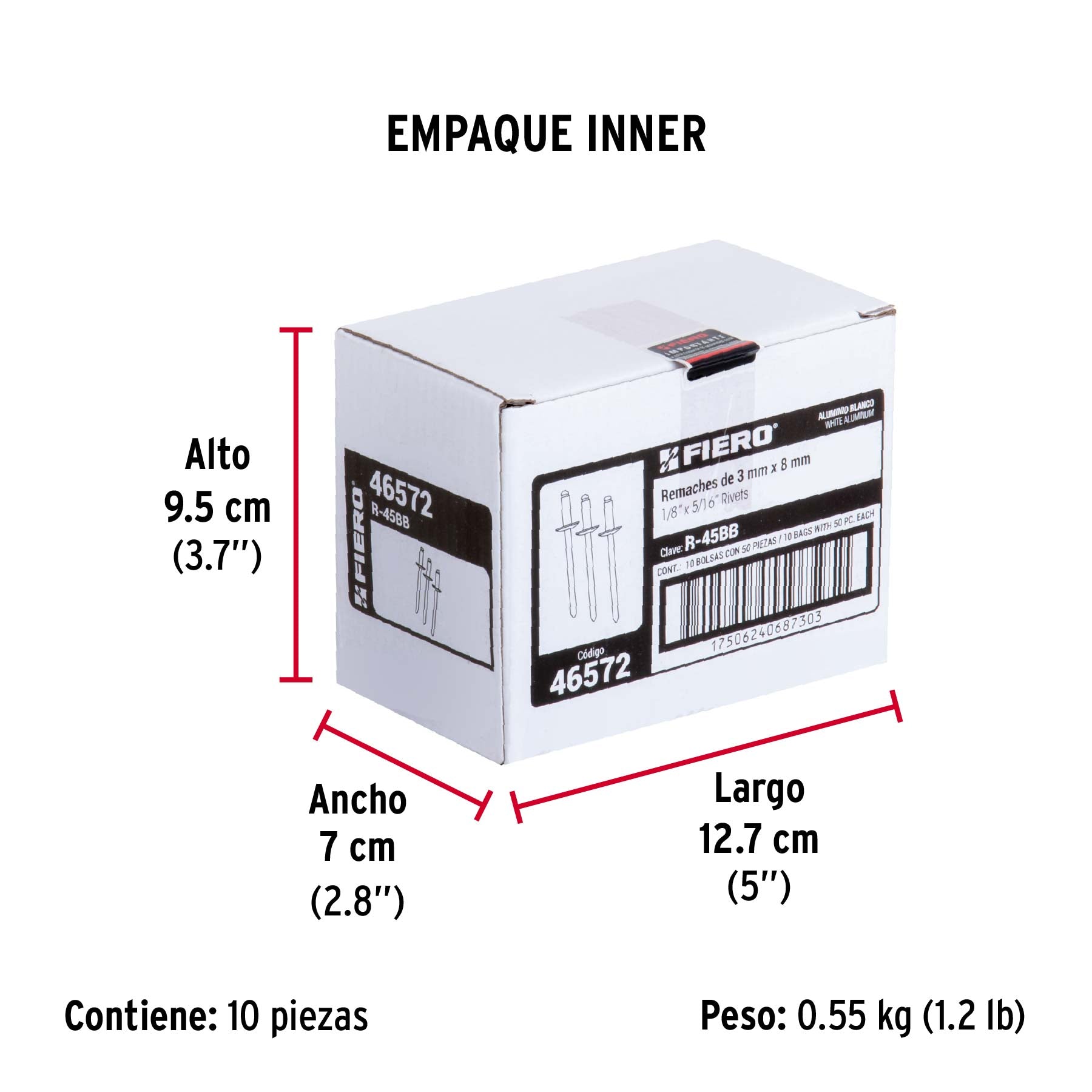 Bolsa c/50 remaches 1/8'x5/16' blancos de aluminio, ala 1/4'