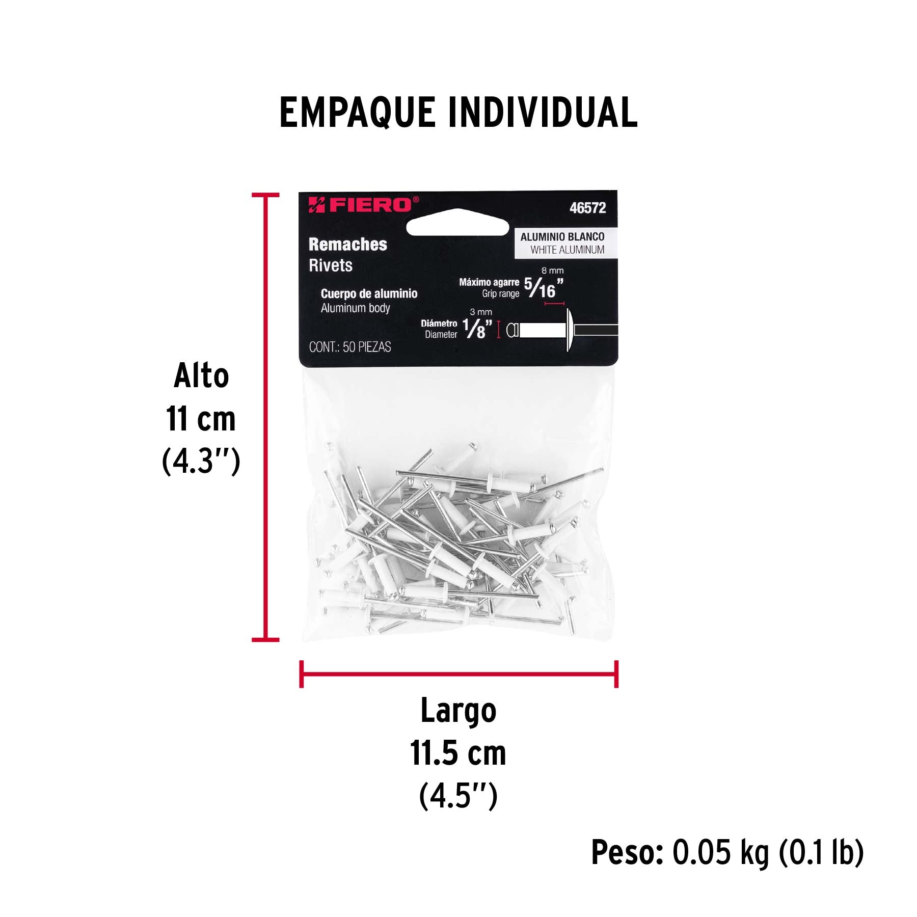 Bolsa c/50 remaches 1/8'x5/16' blancos de aluminio, ala 1/4'