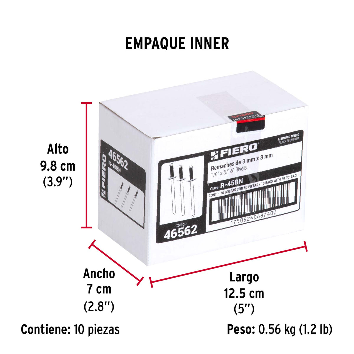Bolsa c/50 remaches 1/8'x5/16' negros de aluminio, ala 1/4'