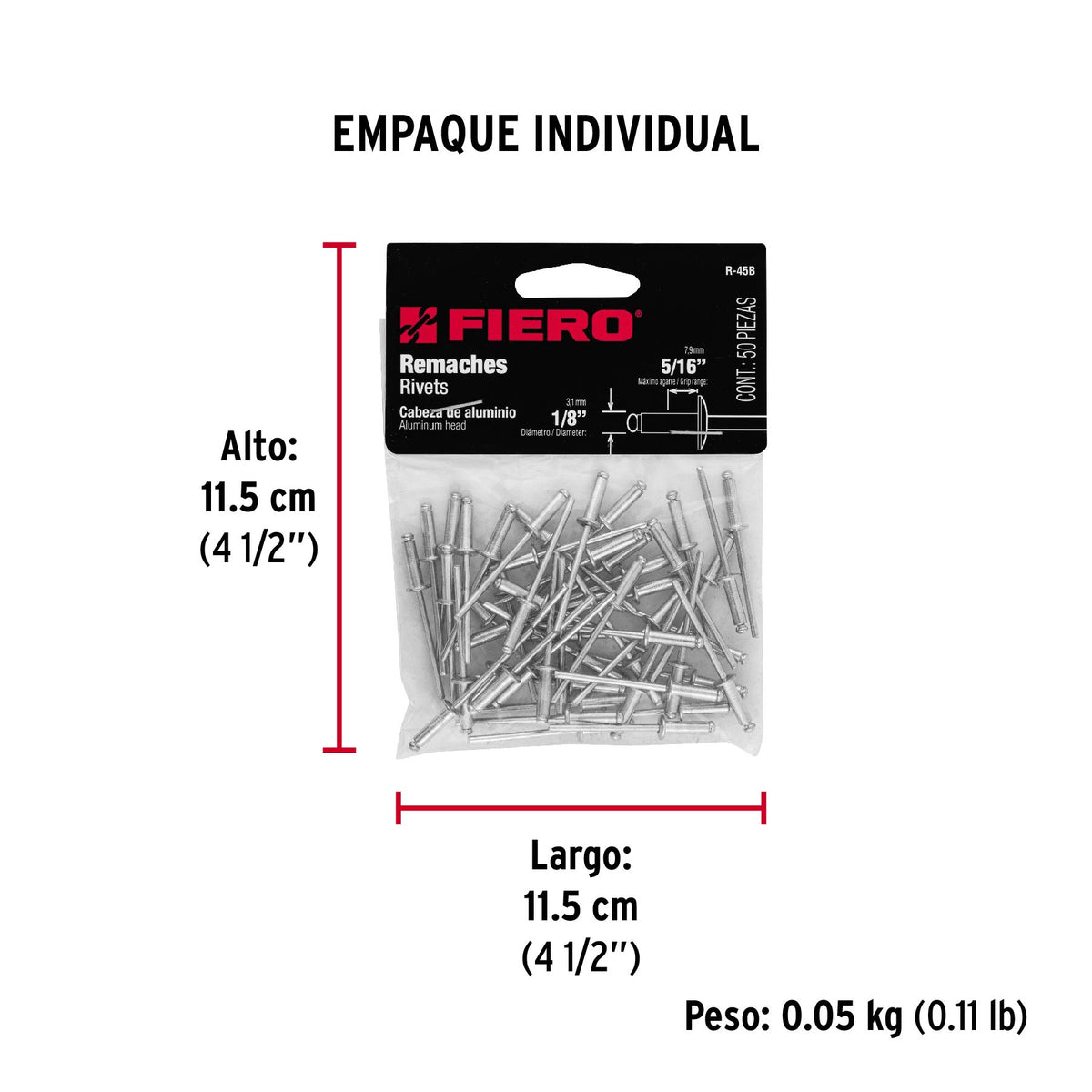 Remaches con espiga, 3.2x11.10m, bolsa con 50 pzas