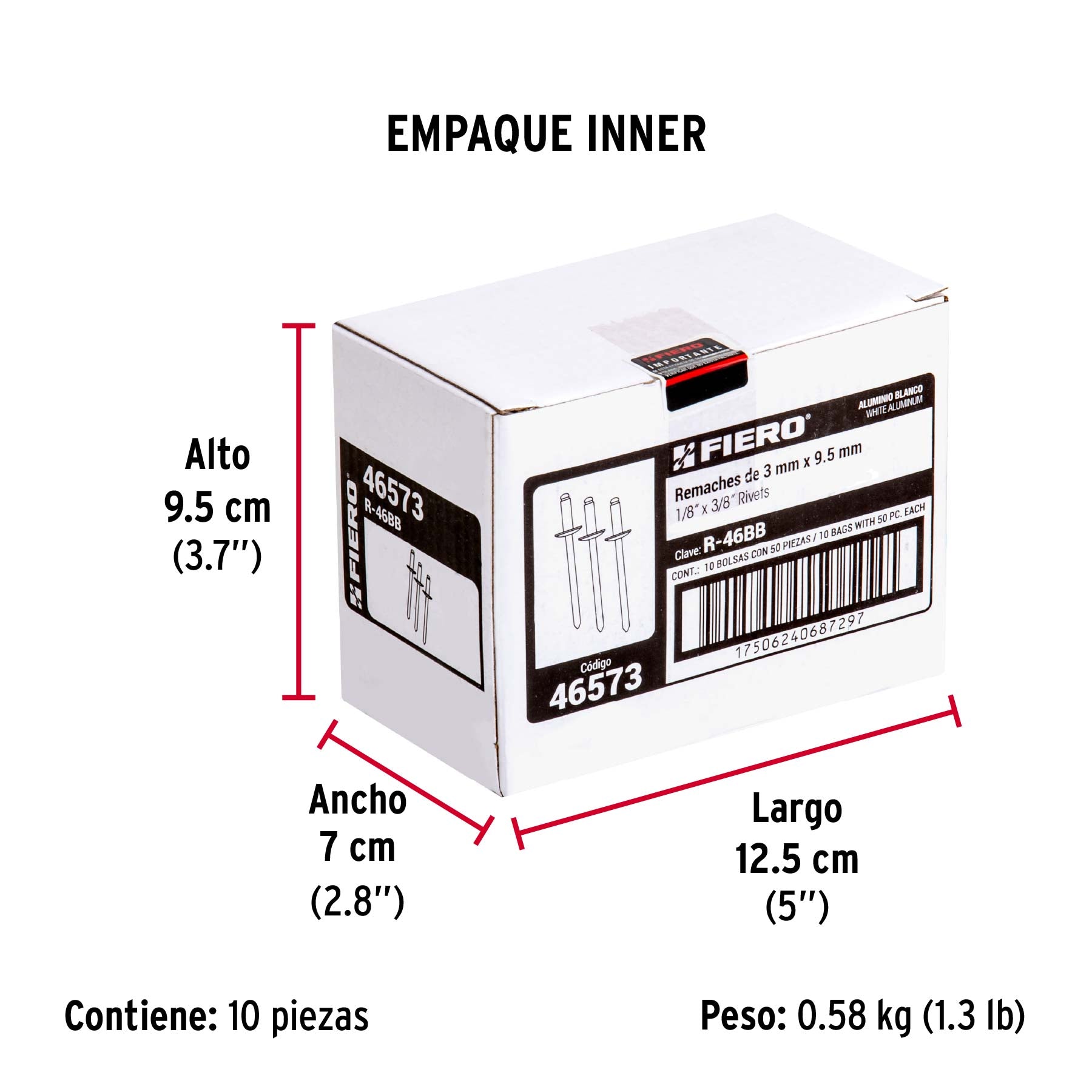 Bolsa c/50 remaches 1/8'x3/8' blancos de aluminio, ala 1/4'