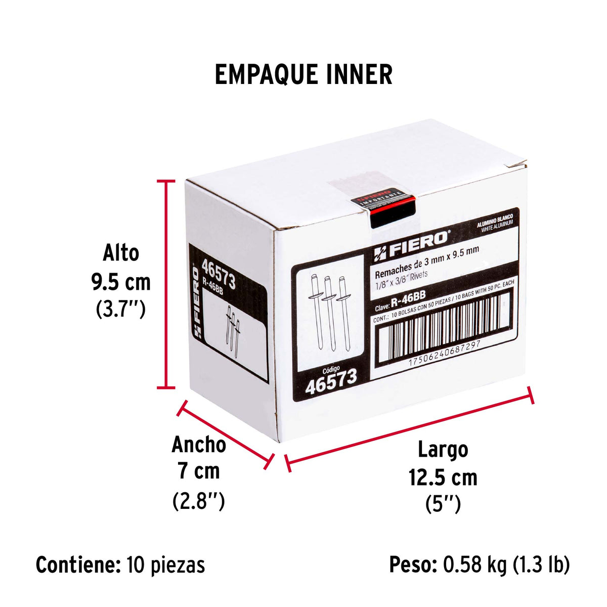 Bolsa c/50 remaches 1/8'x3/8' blancos de aluminio, ala 1/4'