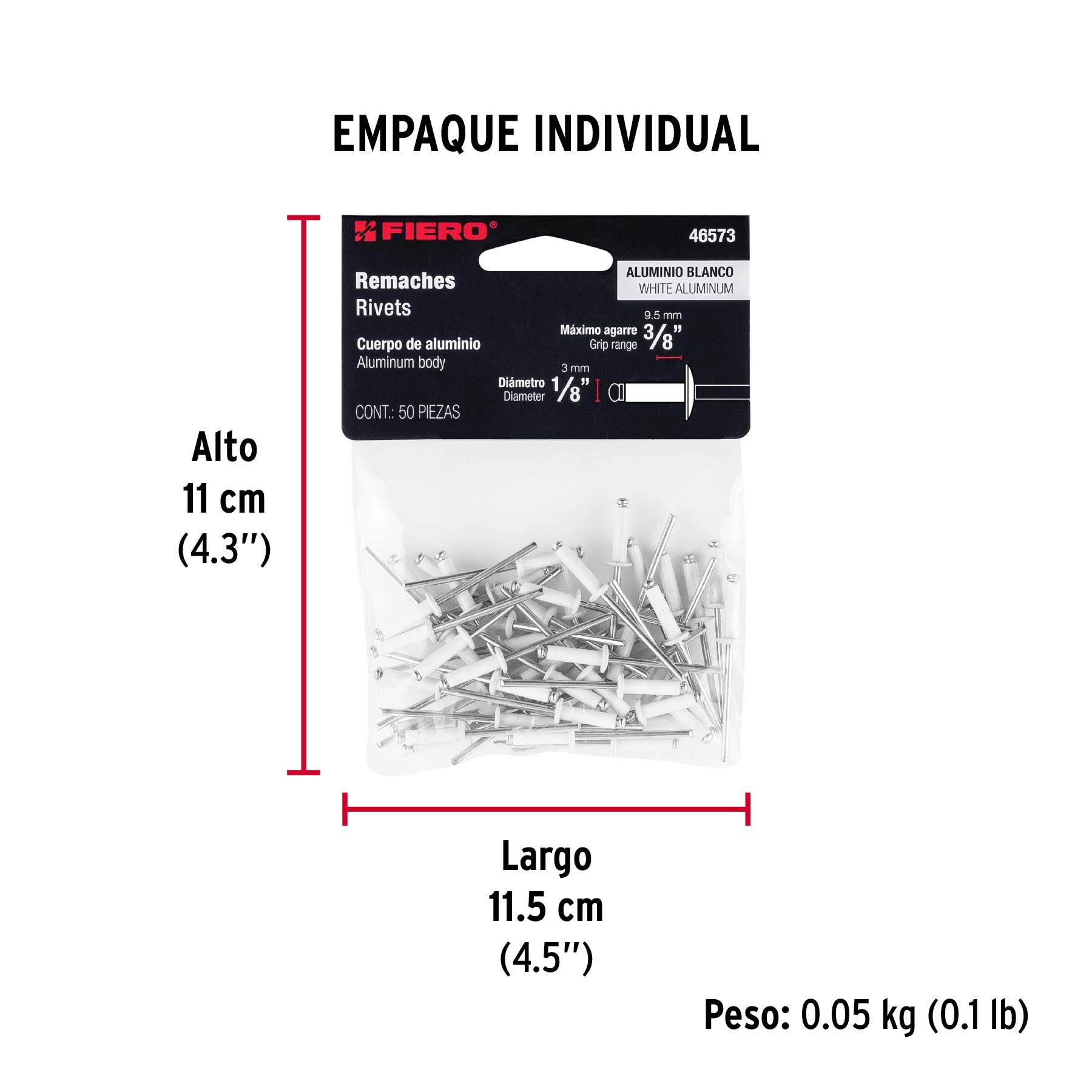 Bolsa c/50 remaches 1/8'x3/8' blancos de aluminio, ala 1/4'