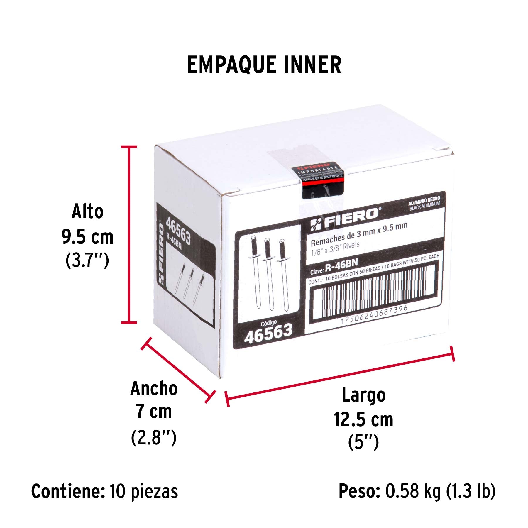 Bolsa c/50 remaches 1/8'x3/8' negros de aluminio, ala 1/4'