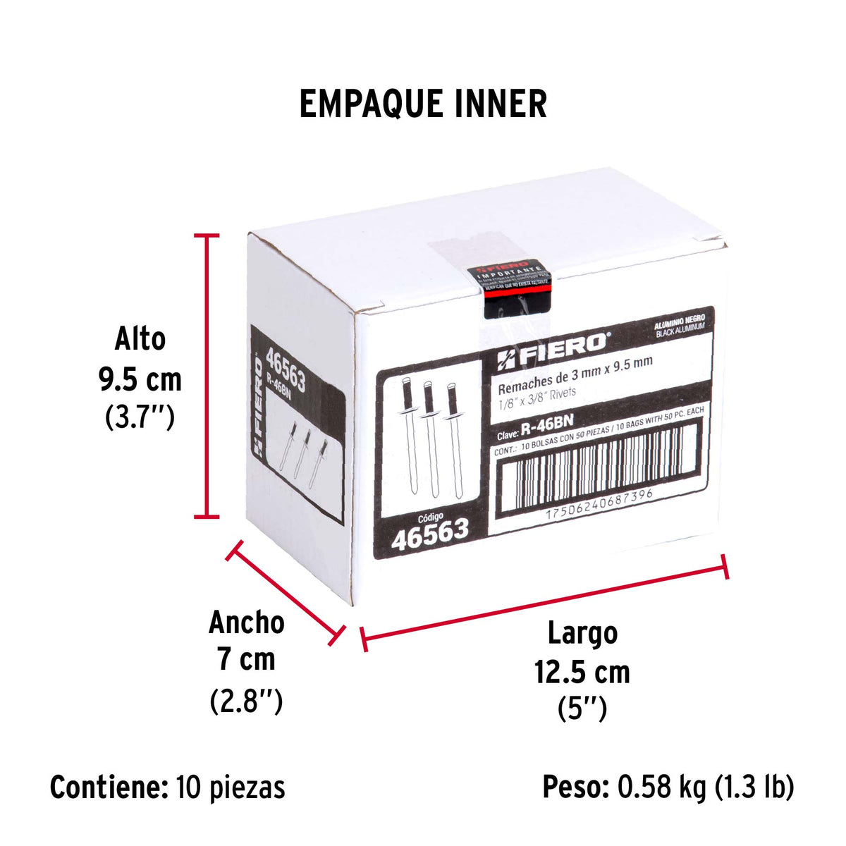 Bolsa c/50 remaches 1/8'x3/8' negros de aluminio, ala 1/4'