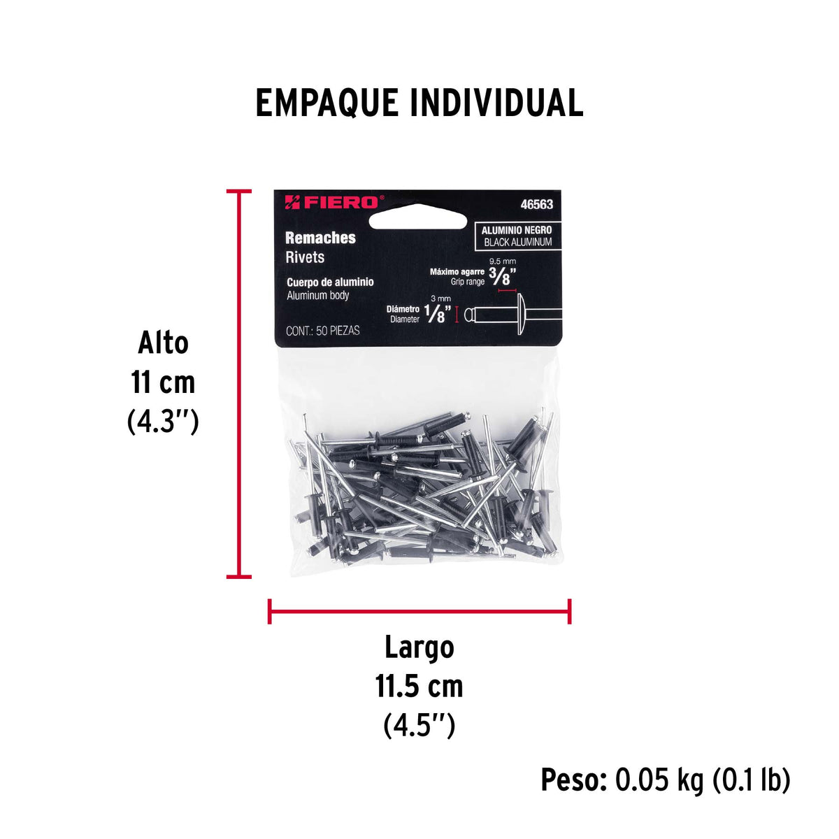 Bolsa c/50 remaches 1/8'x3/8' negros de aluminio, ala 1/4'