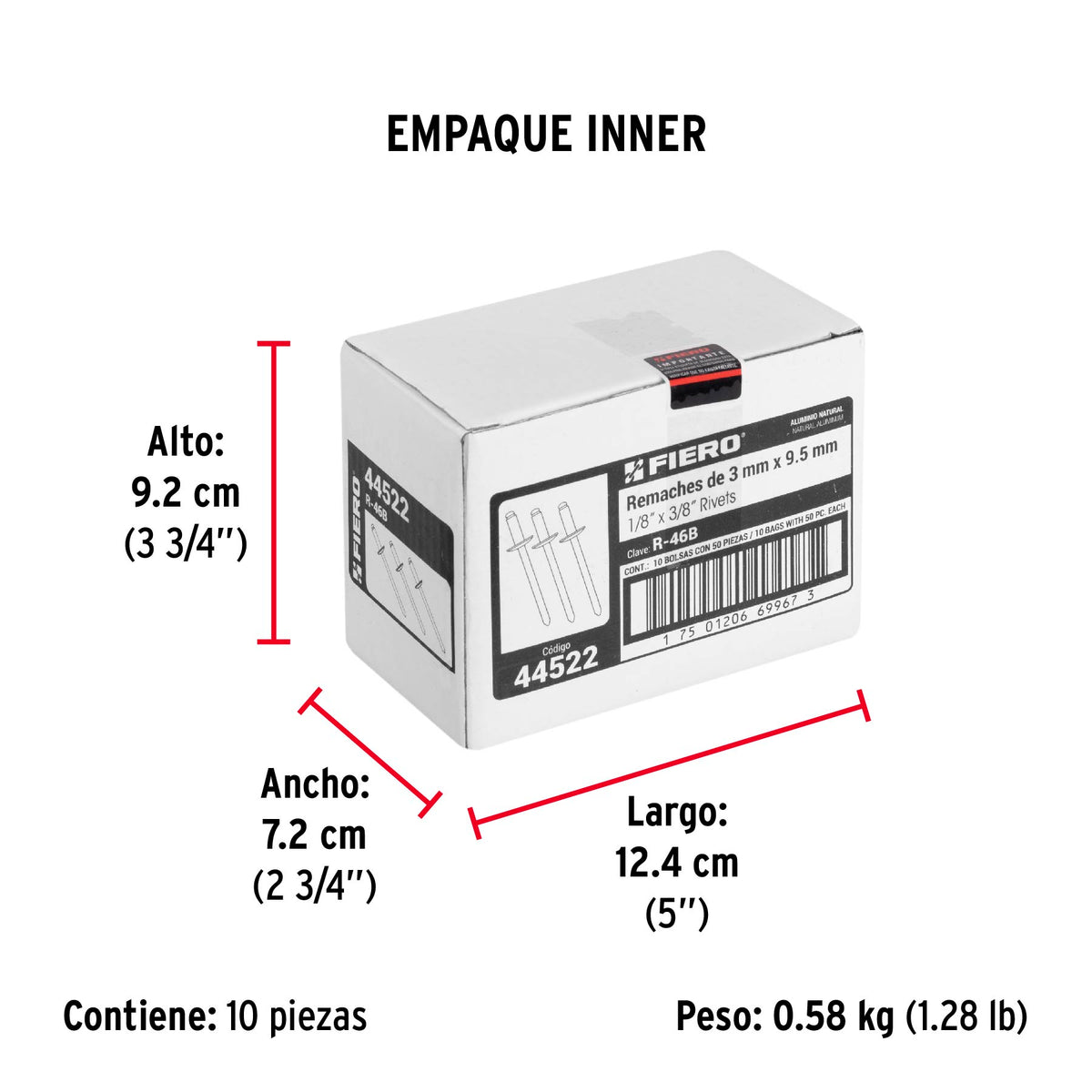 Remaches con espiga, 3.2x12.7mm, bolsa con 50 pzas