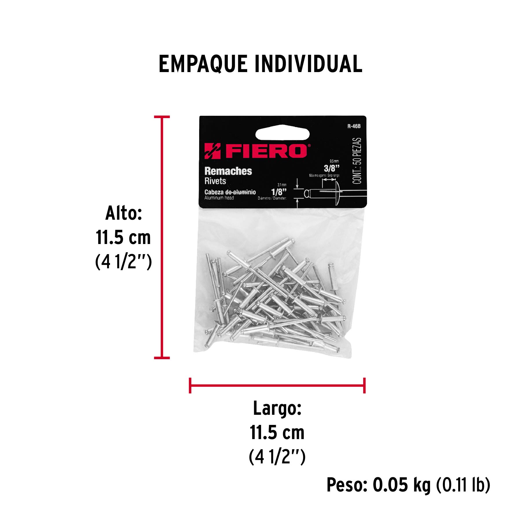 Remaches con espiga, 3.2x12.7mm, bolsa con 50 pzas