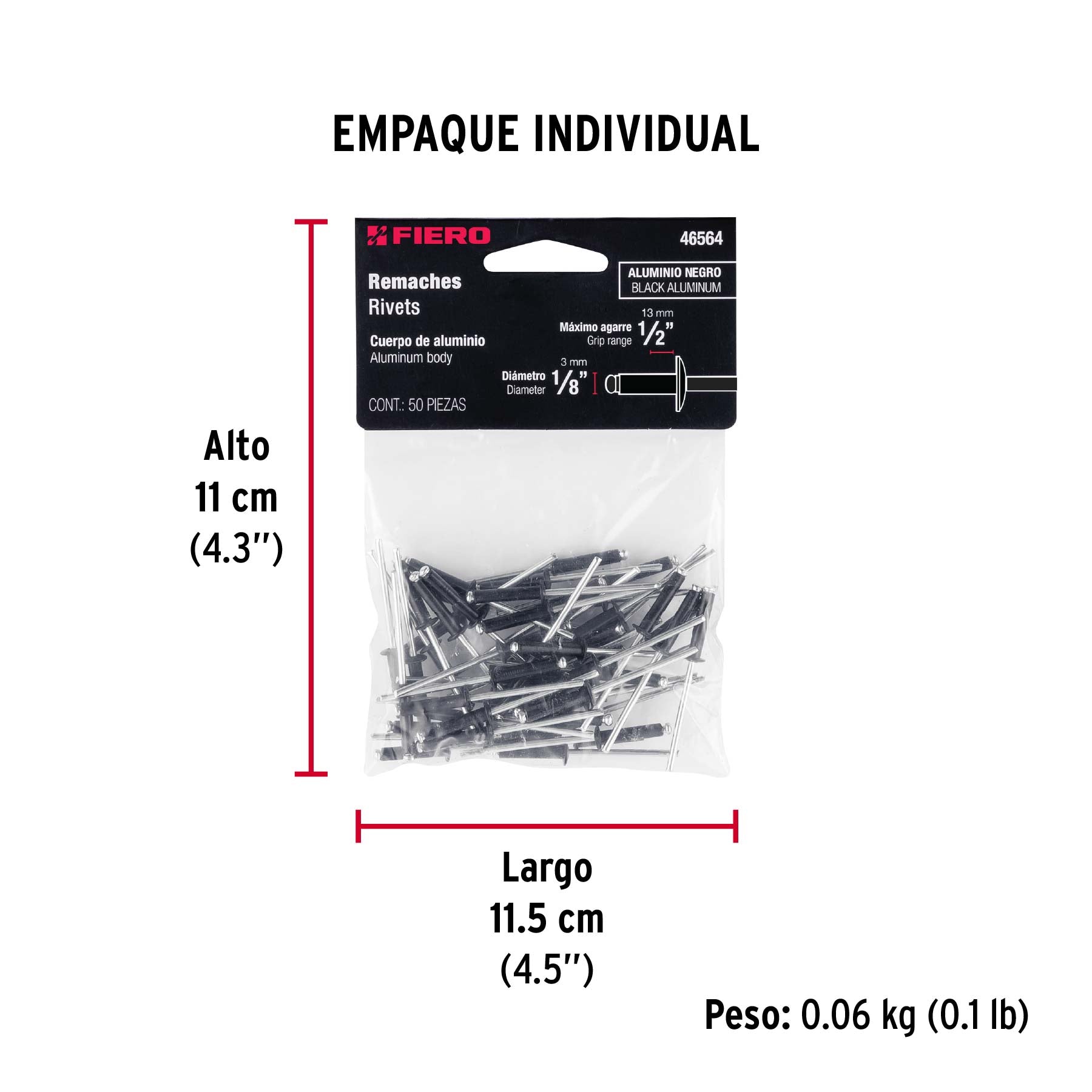 Bolsa c/50 remaches 1/8'x1/2' negros de aluminio, ala 1/4'