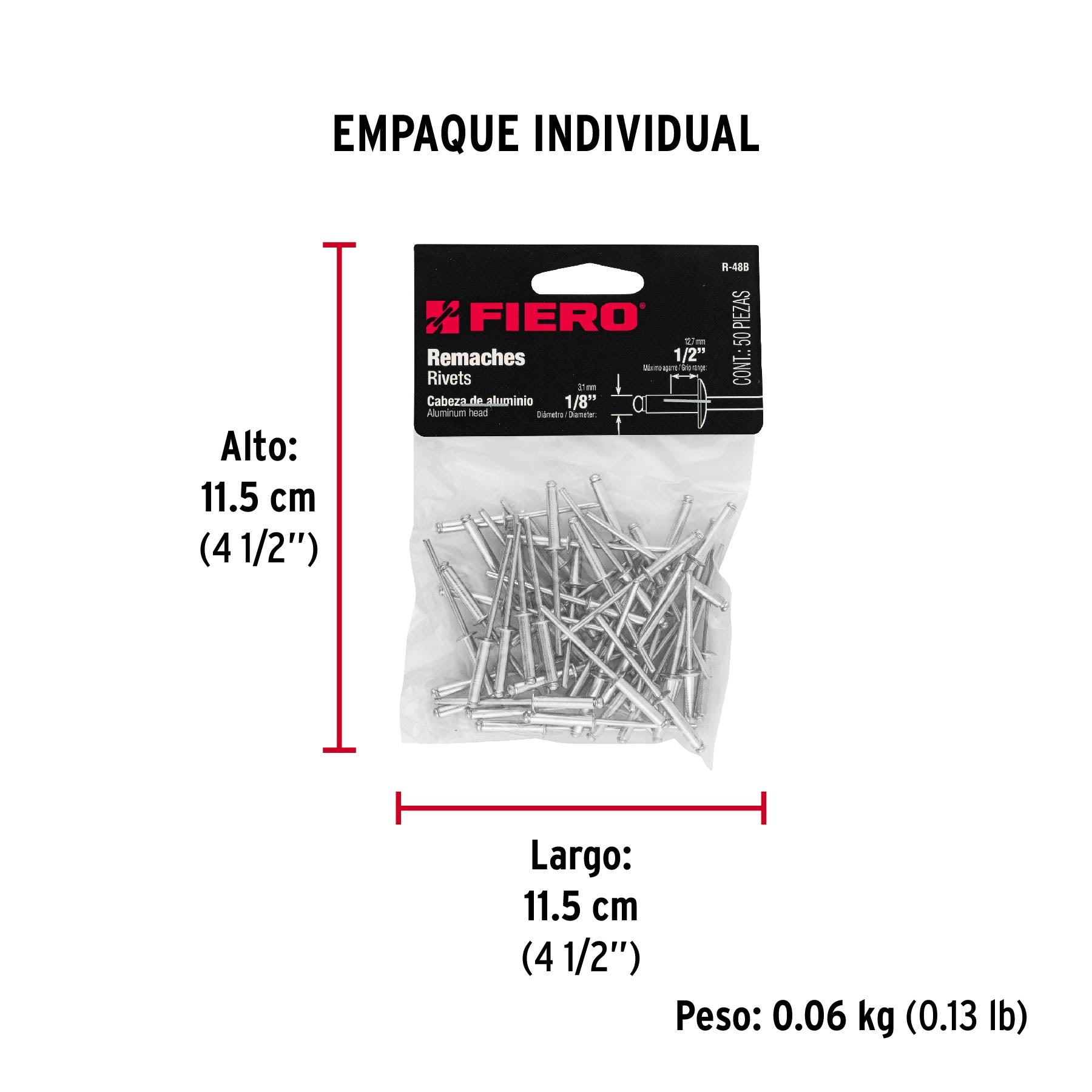 Remaches con espiga, 3.2x16.1mm, bolsa con 50 pzas