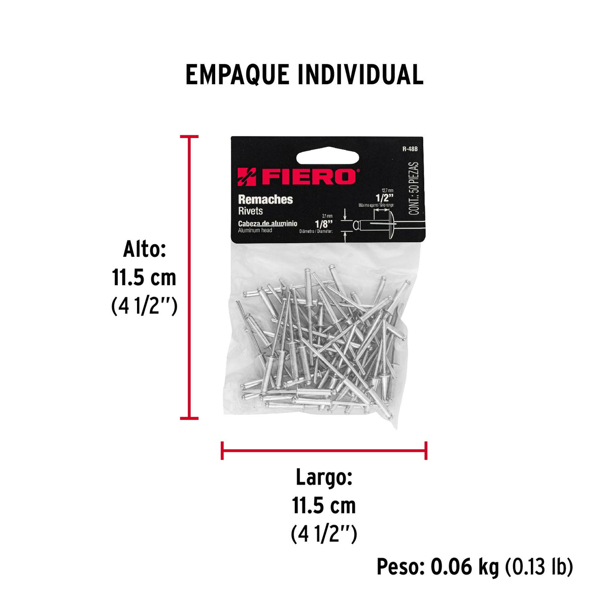 Remaches con espiga, 3.2x16.1mm, bolsa con 50 pzas