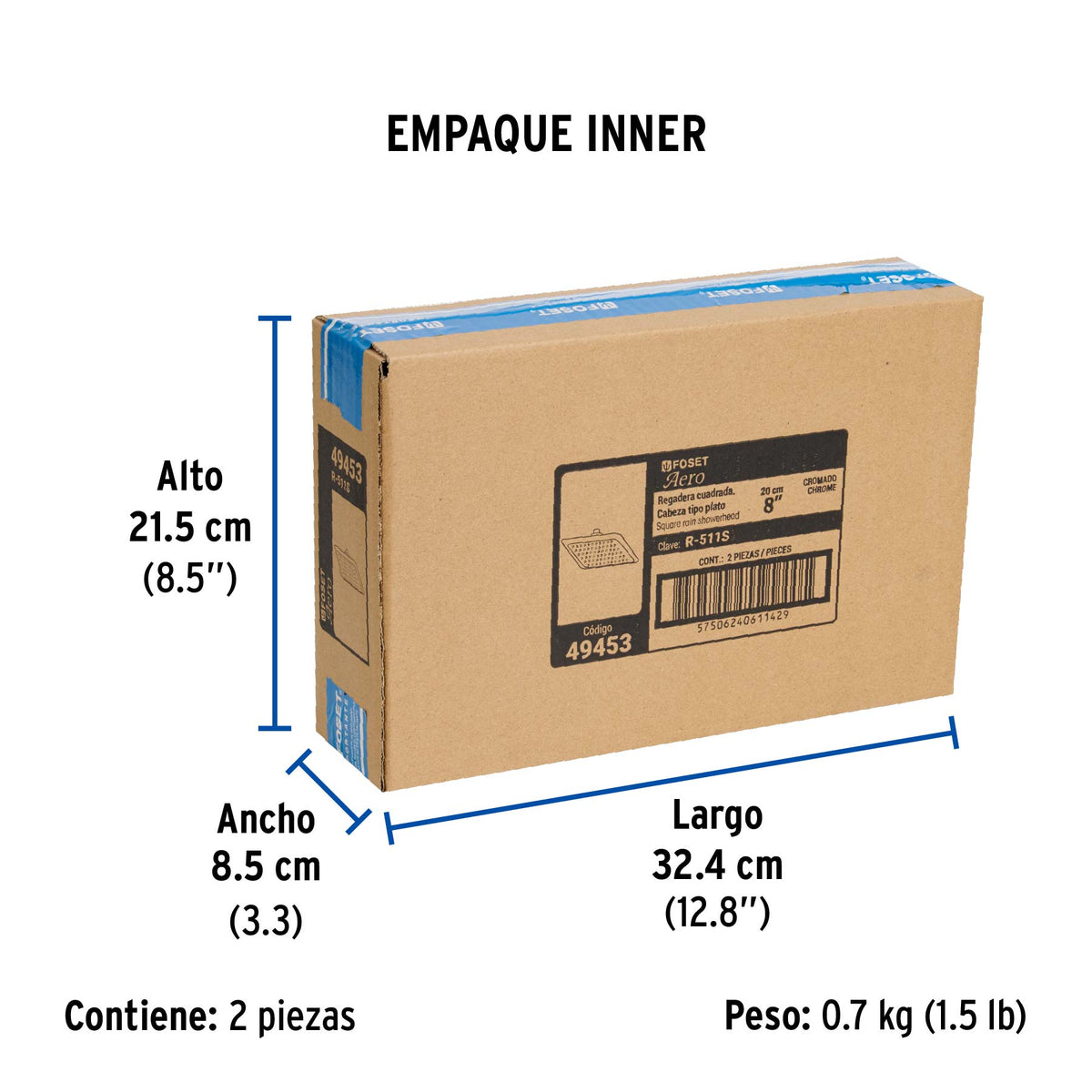 Regadera cuadrada, plástica, 8", sin brazo, Aero