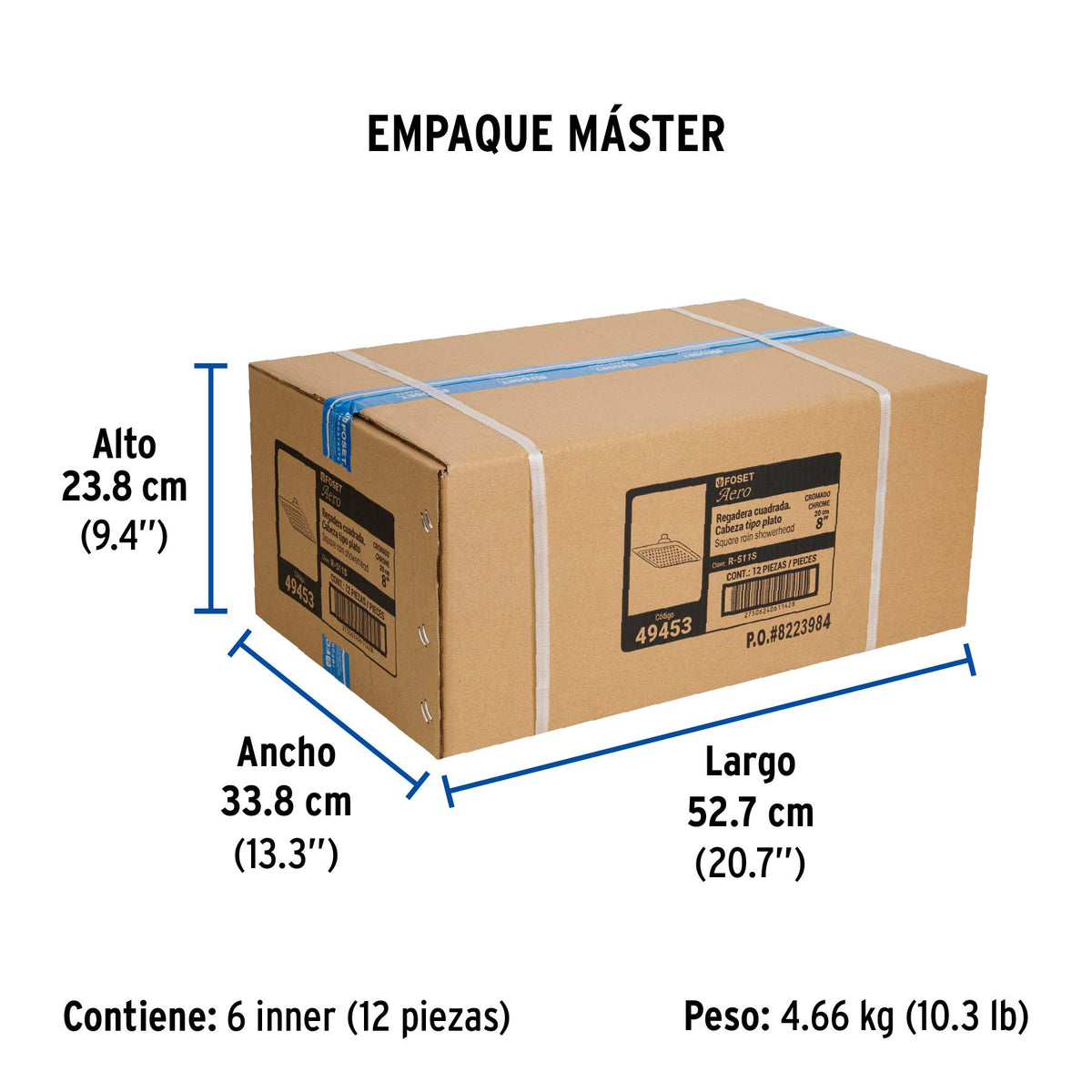 Regadera cuadrada, plástica, 8", sin brazo, Aero
