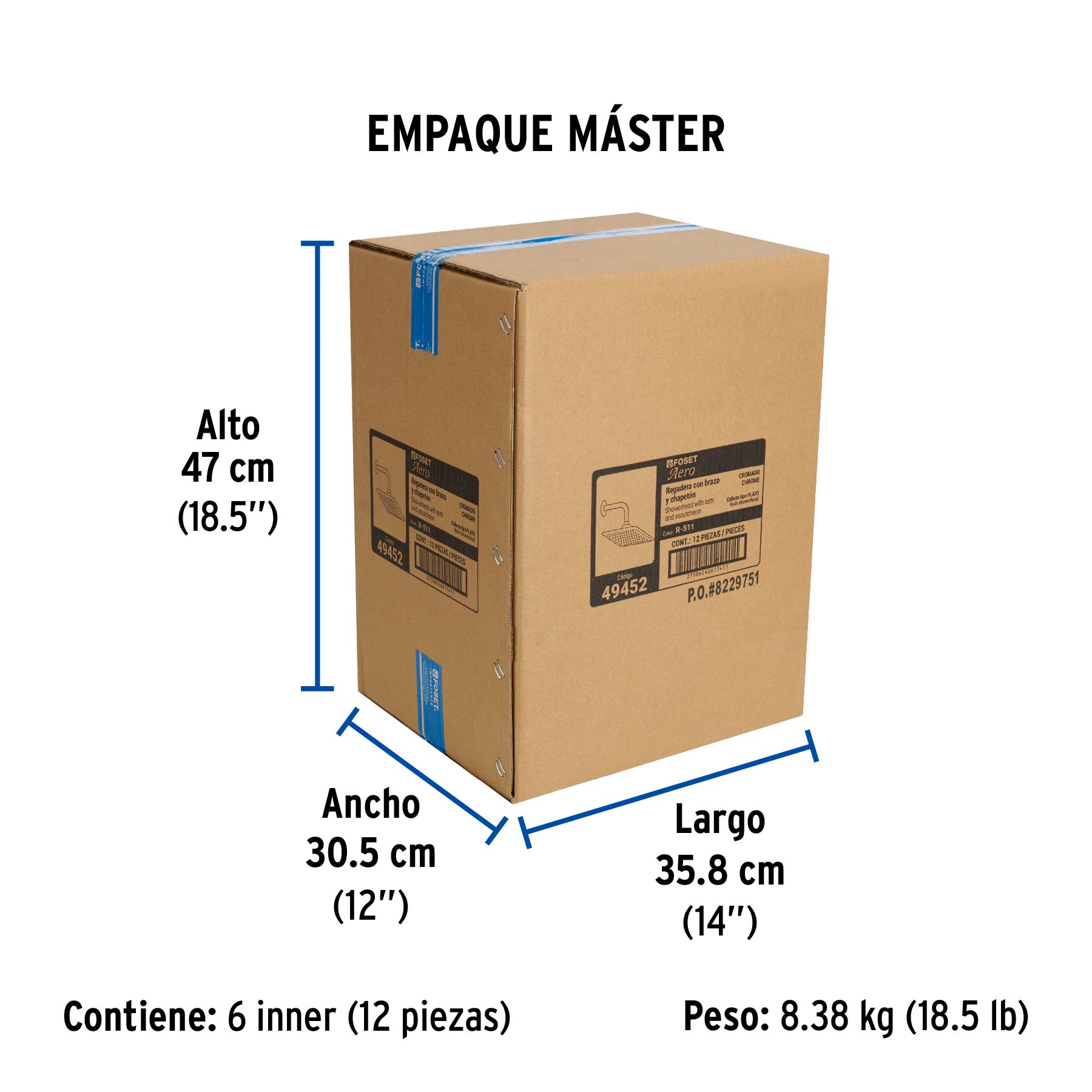 Regadera cuadrada, plástica, 8", con brazo, Aero