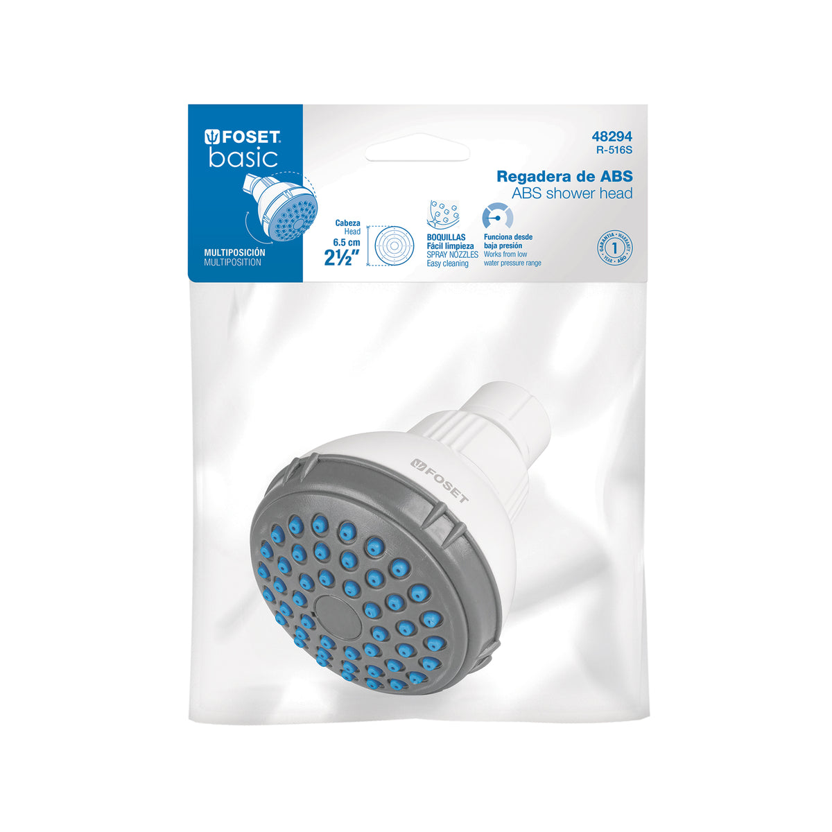 Regadera redonda sin brazo de ABS, 2-1/2', Blanca, Basic