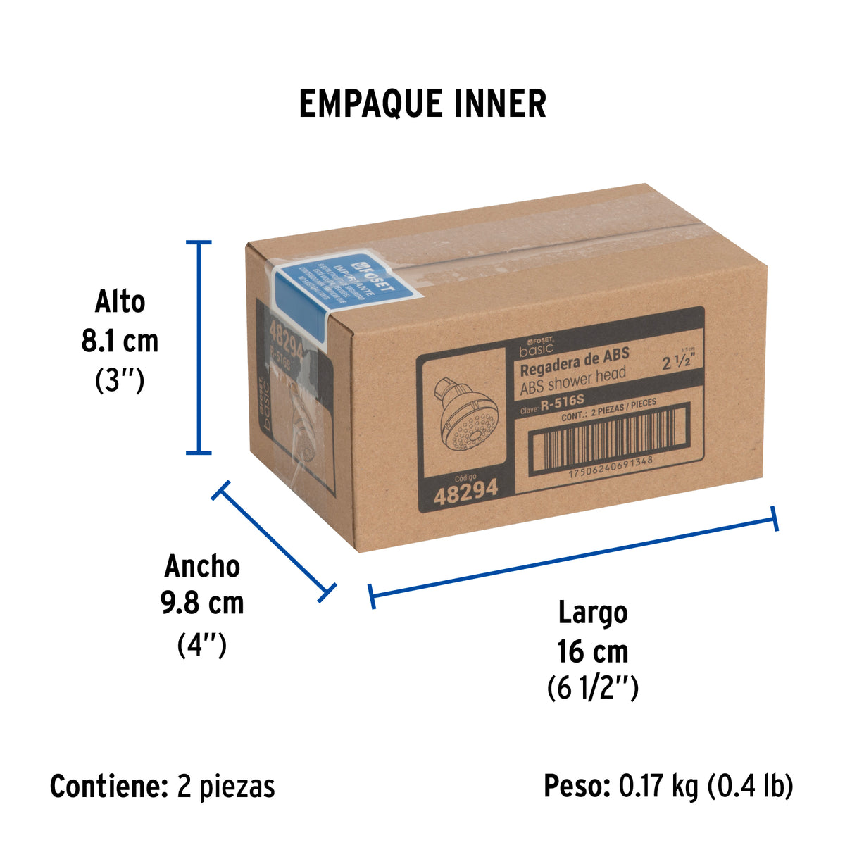 Regadera redonda sin brazo de ABS, 2-1/2', Blanca, Basic