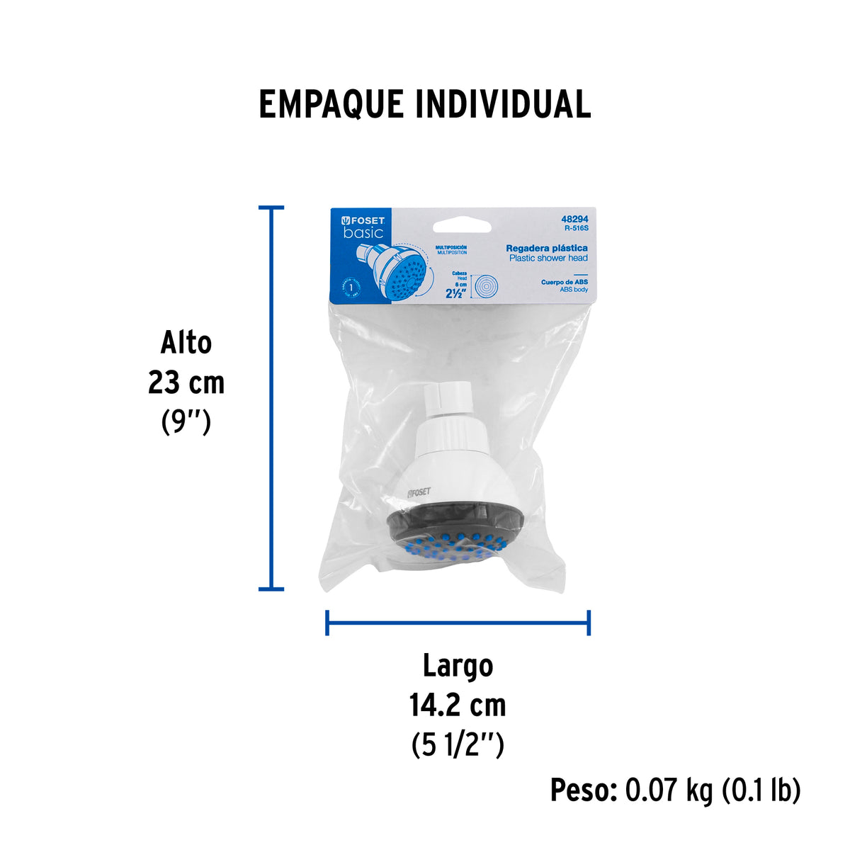 Regadera redonda sin brazo de ABS, 2-1/2', Blanca, Basic