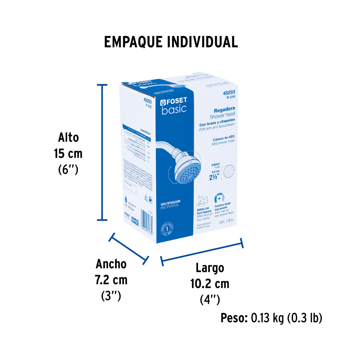 Regadera redonda, cabeza ABS, 2-1/2', Blanca, Basic
