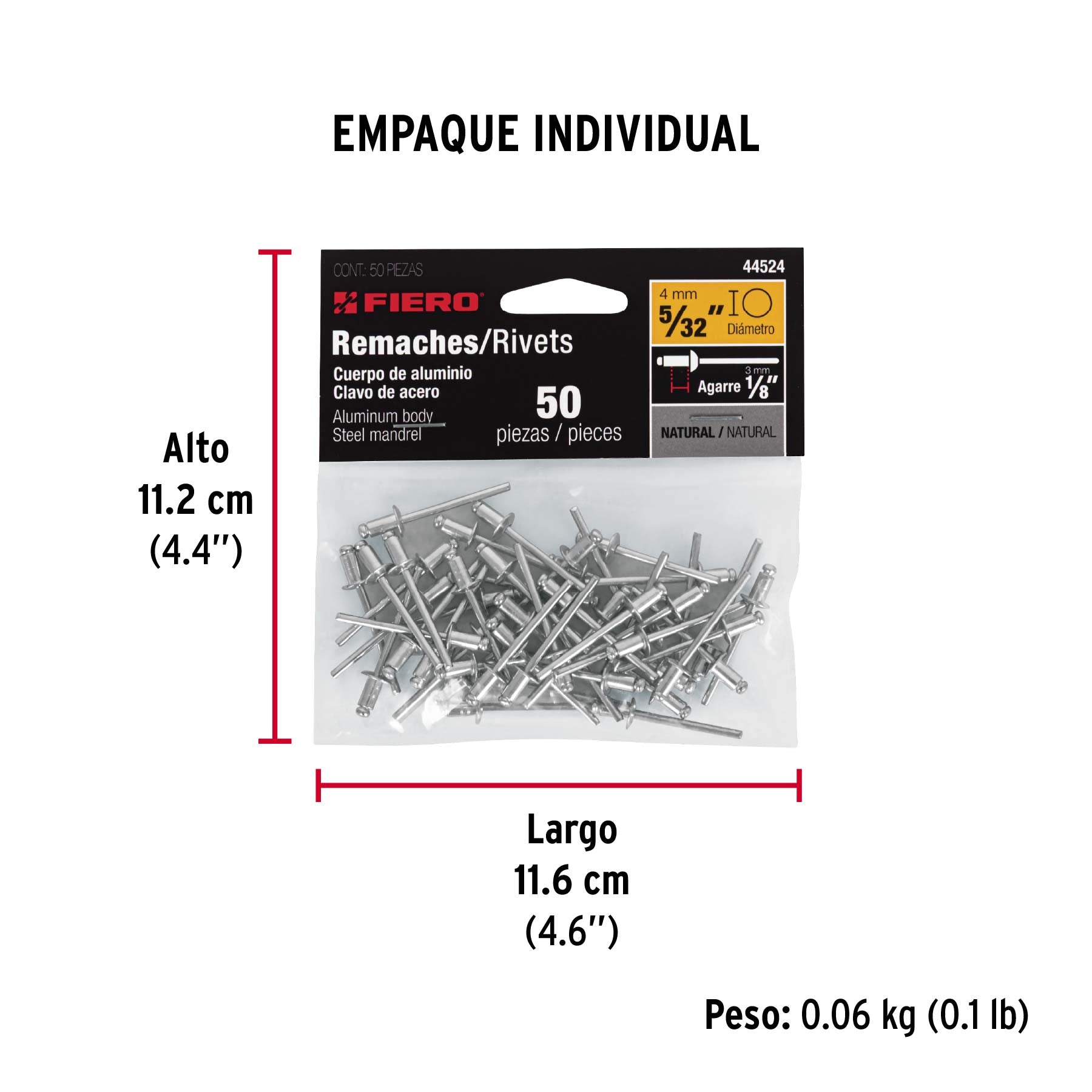 Remaches con espiga, 4x10mm, bolsa con 50 pzas