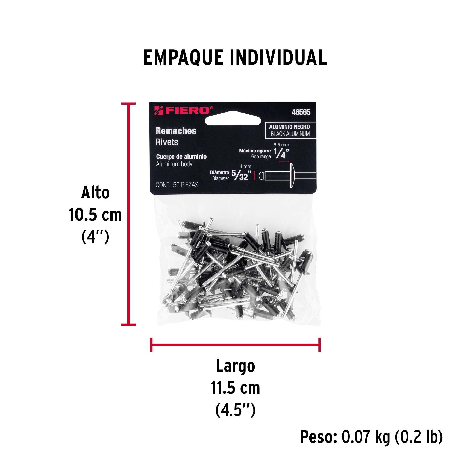 Bolsa c/50 remaches 5/32'x1/4' negros de aluminio, ala 5/16'