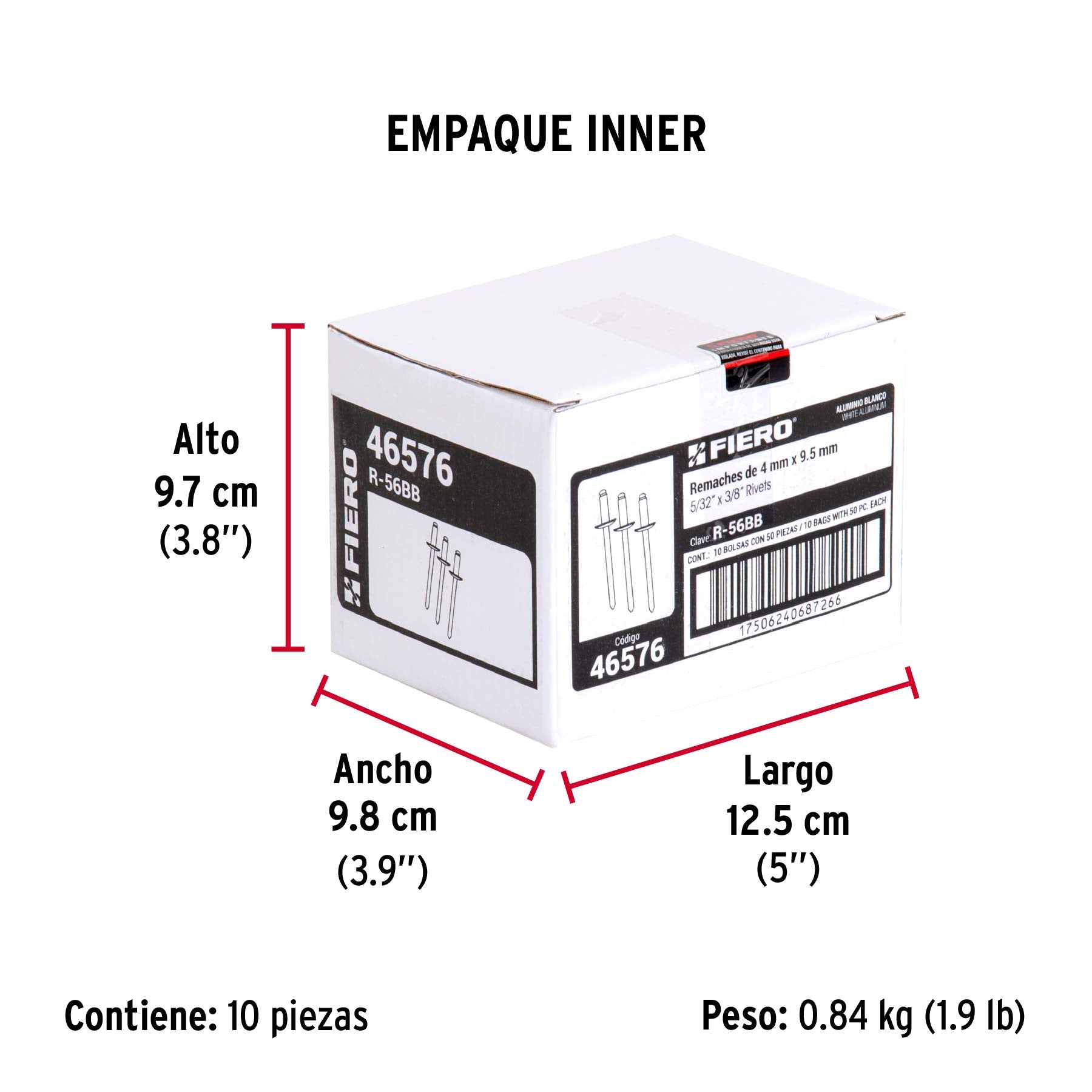 Bolsa c/50 remaches 5/32'x3/8' blancos aluminio, ala 5/16'