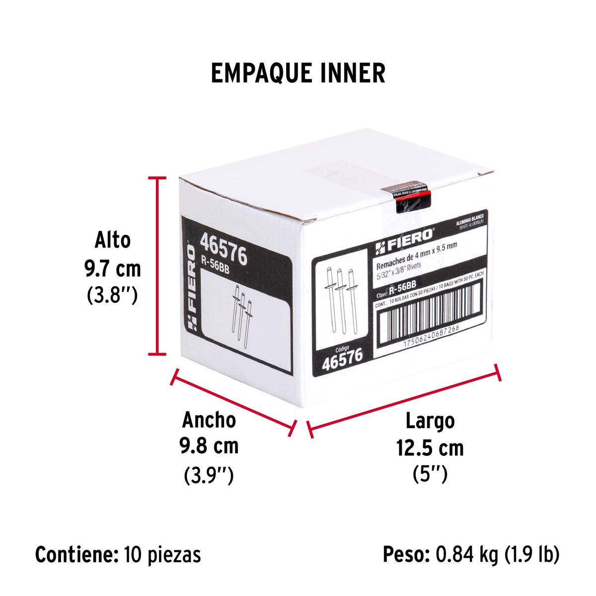 Bolsa c/50 remaches 5/32'x3/8' blancos aluminio, ala 5/16'