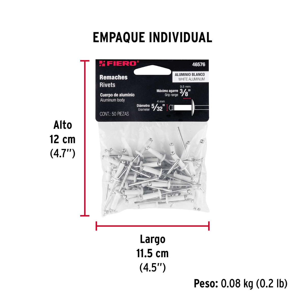 Bolsa c/50 remaches 5/32'x3/8' blancos aluminio, ala 5/16'