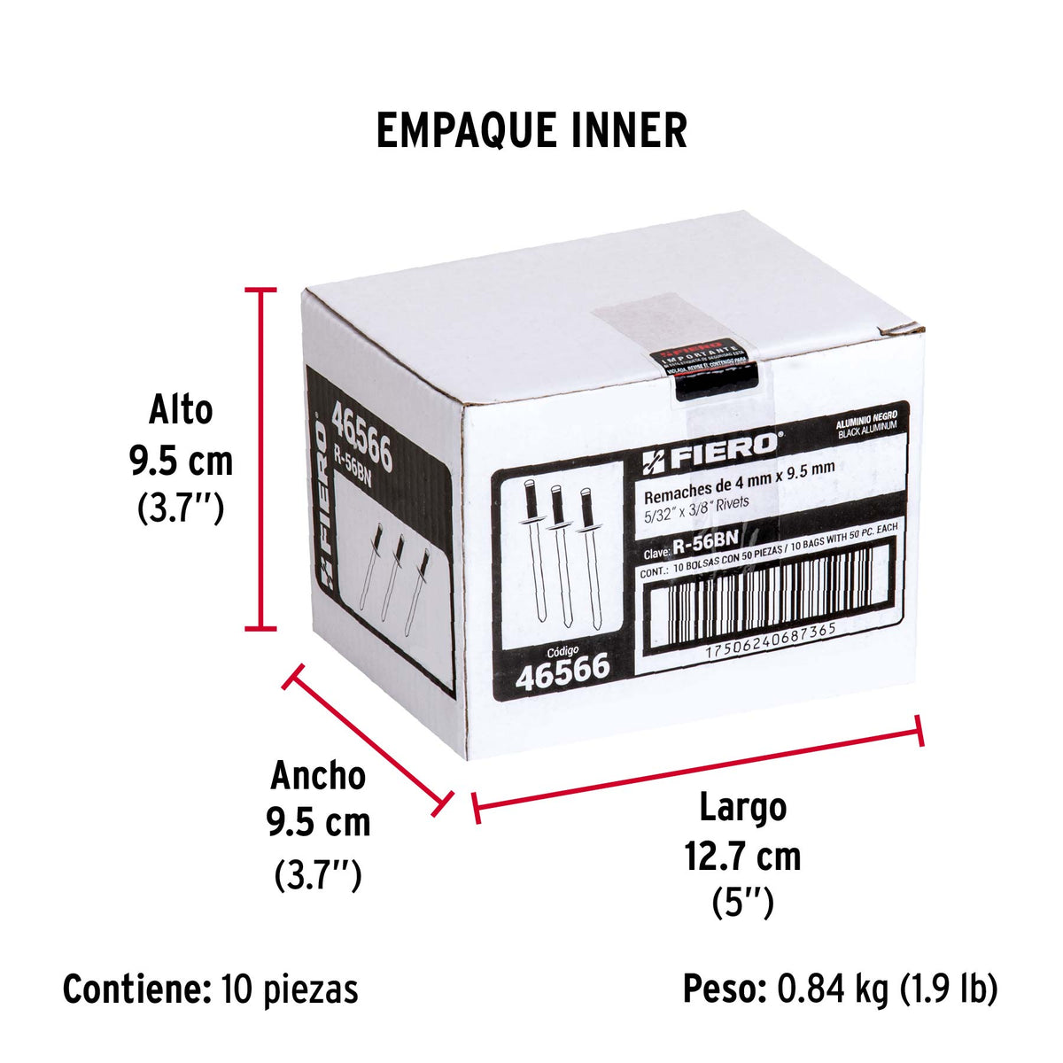 Bolsa c/50 remaches 5/32'x3/8' negros de aluminio, ala 5/16'