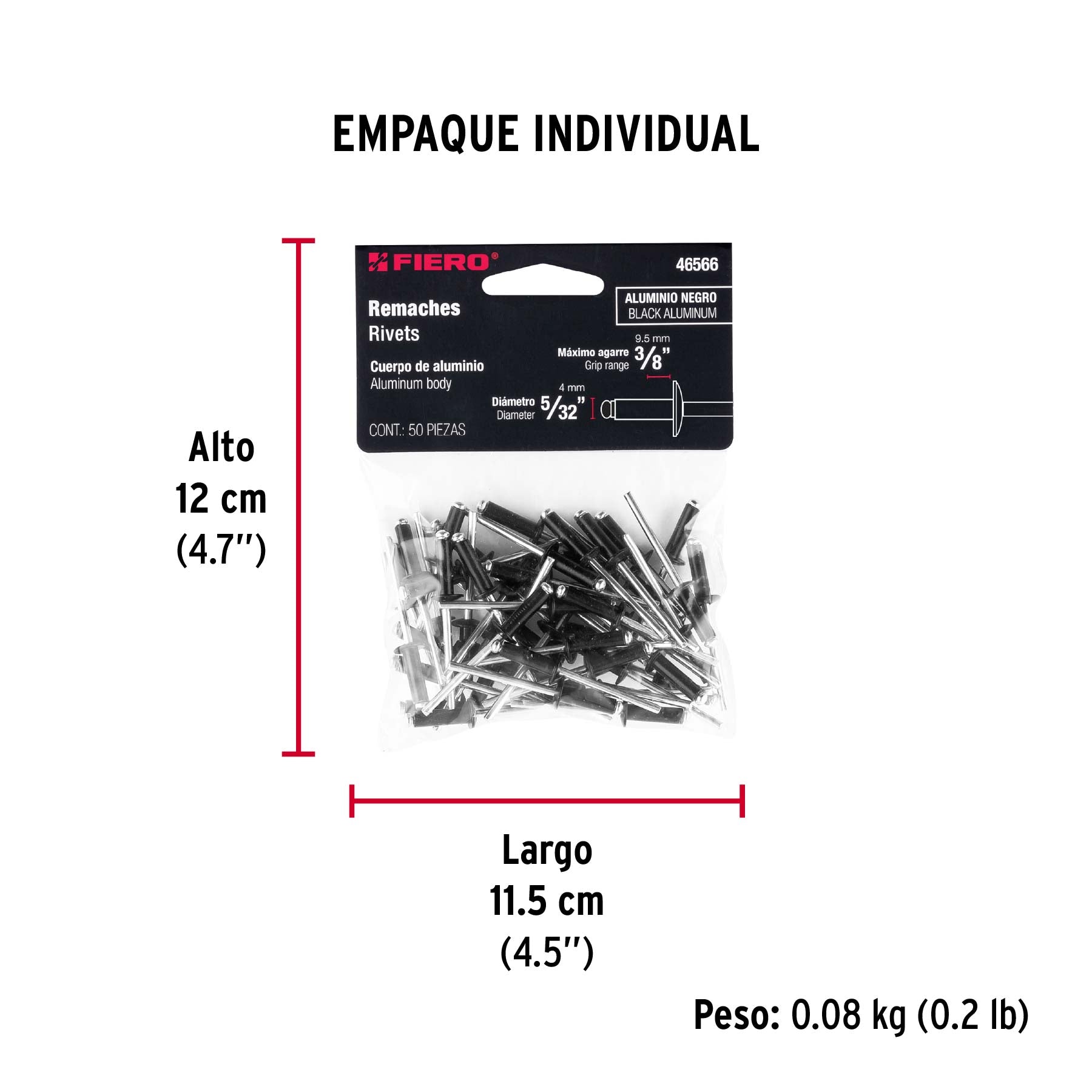 Bolsa c/50 remaches 5/32'x3/8' negros de aluminio, ala 5/16'