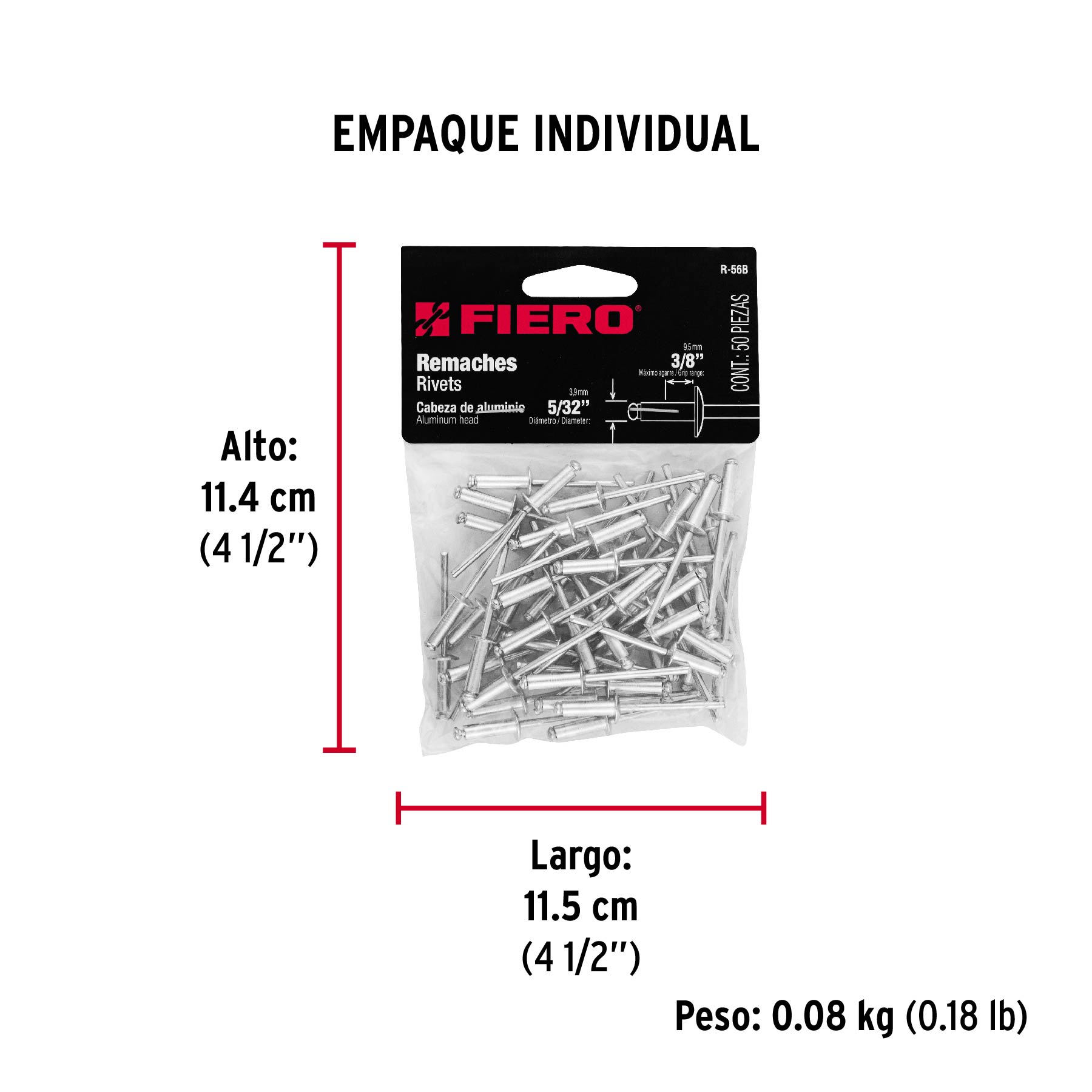 Remaches con espiga, 4x13.4mm, bolsa con 50 pzas