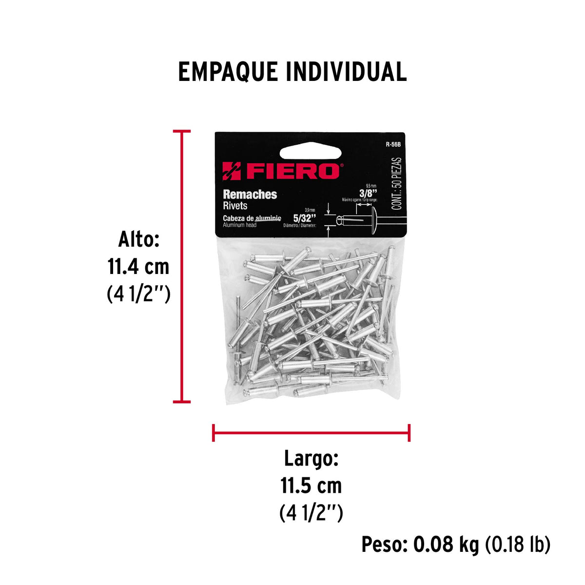 Remaches con espiga, 4x13.4mm, bolsa con 50 pzas