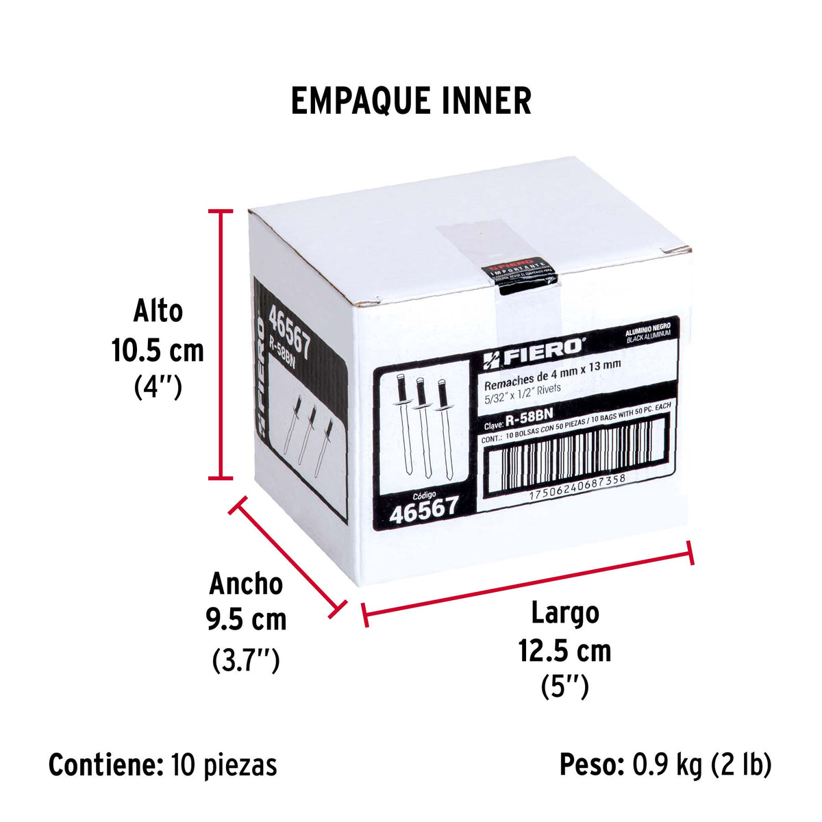 Bolsa c/50 remaches 5/32'x1/2' negros de aluminio, ala 5/16'